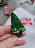 Mini emerald Christmas tree brooch embroidered with green bugle beads, pearls and crystals, handmade holiday pin, 6 x 5 cm.