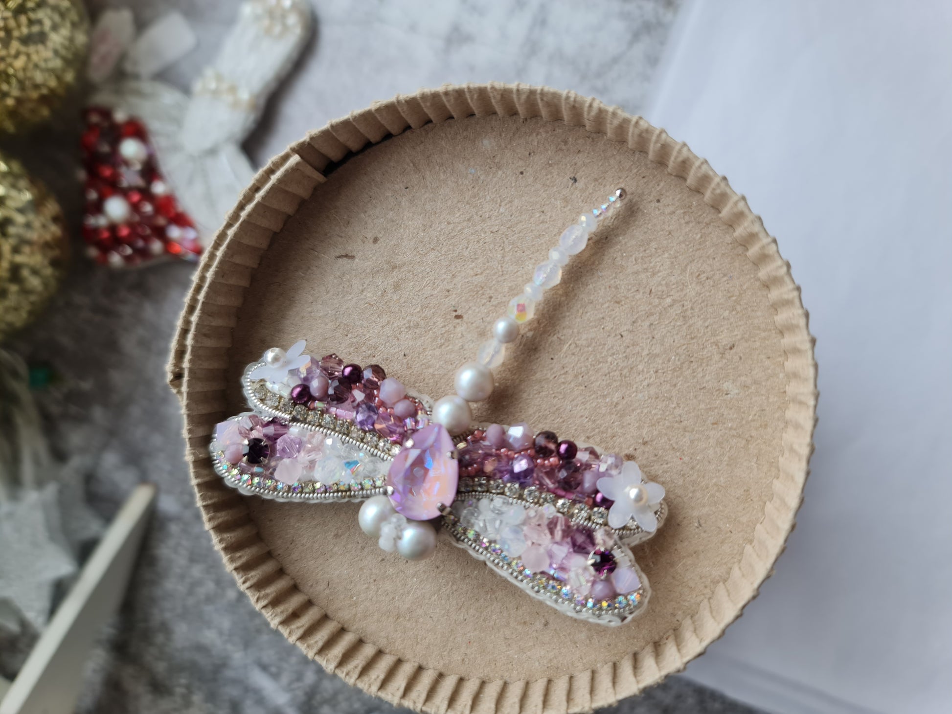Purple and white dragonfly beaded brooch hand embroidered with crystals, pearls, glass beads, and delicate sparkling wing details