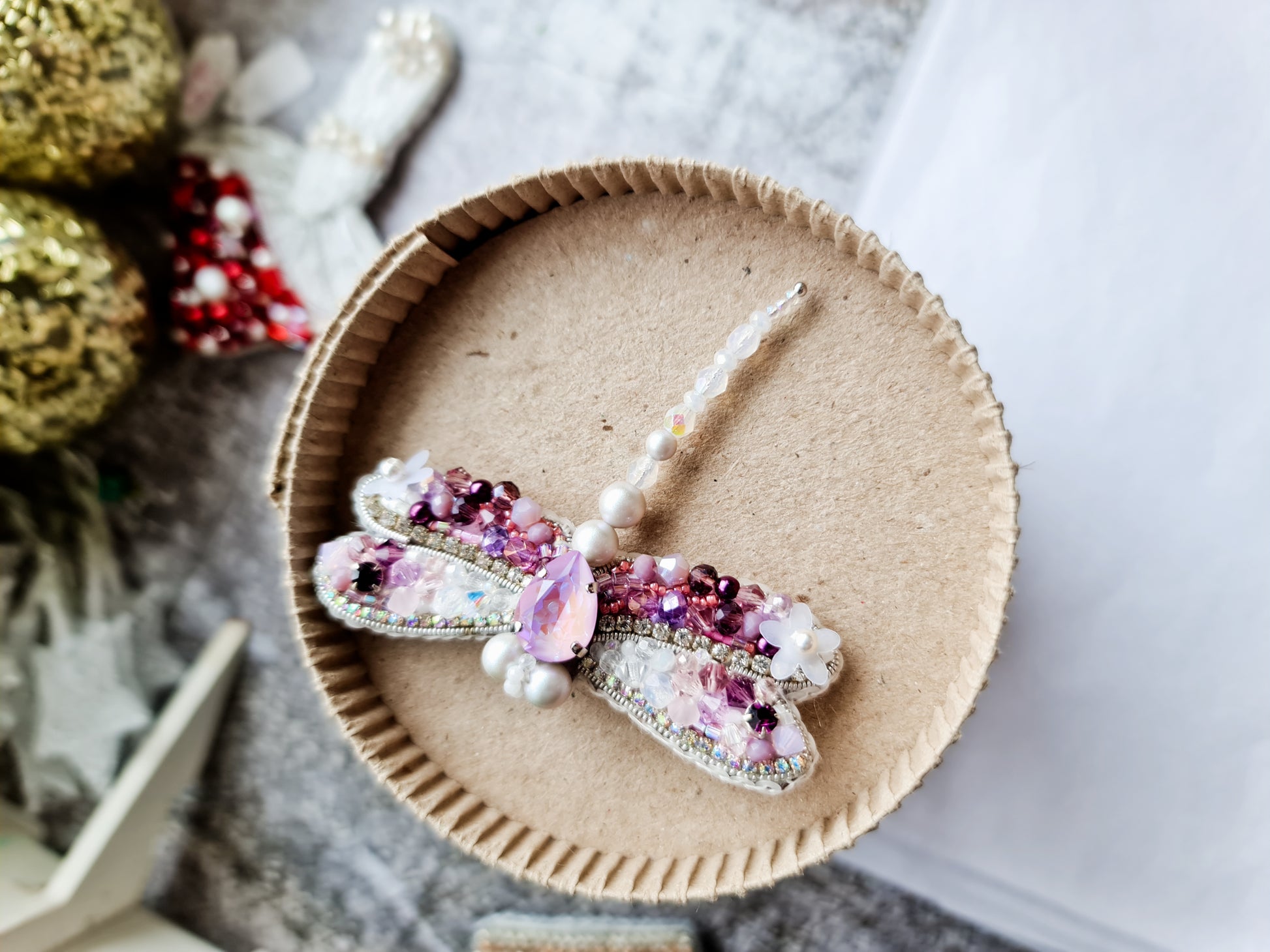 Purple Dragonfly Beaded Brooch