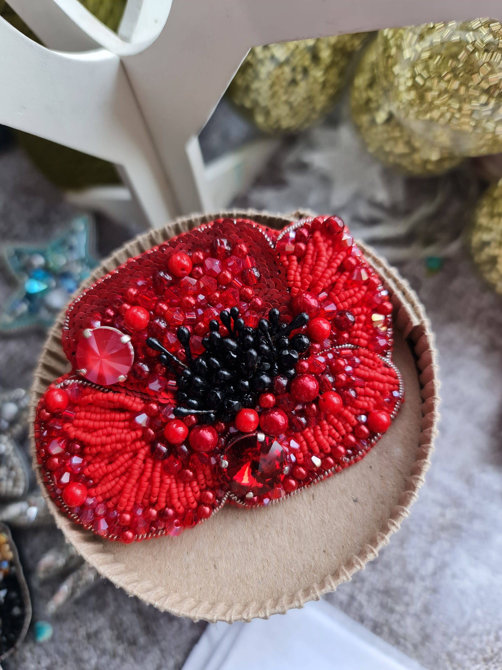 Poppy Flower Beaded Brooch