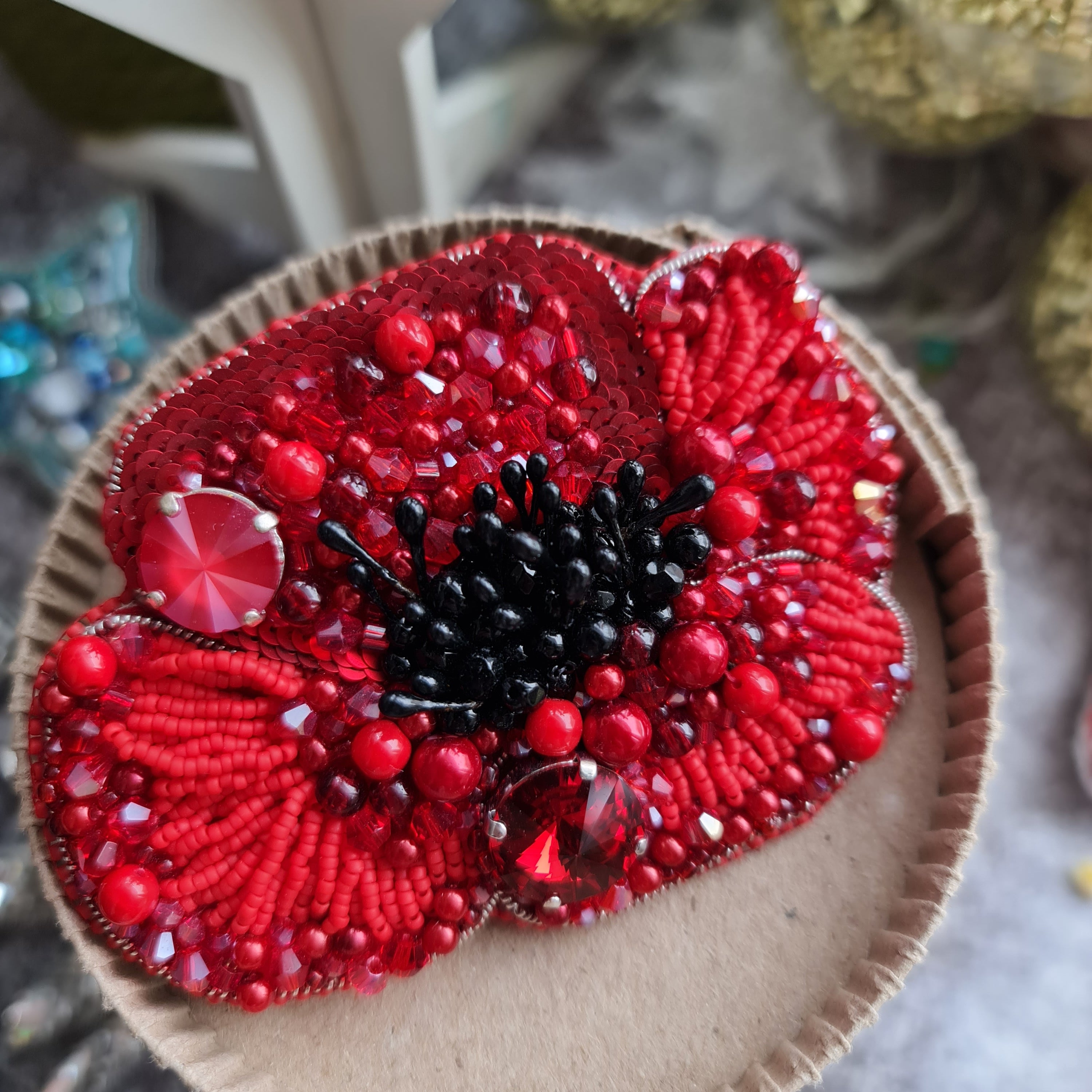 Handmade poppy flower beaded brooch available in red black white and silver pink color variations