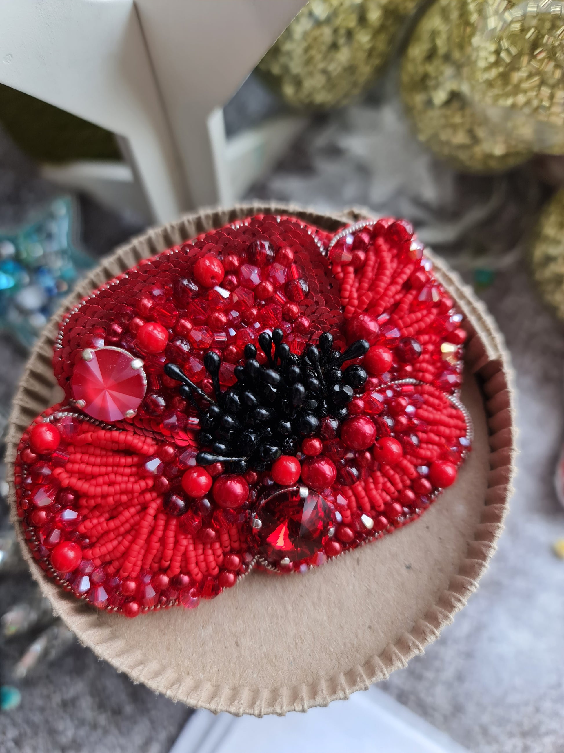 Handmade poppy flower beaded brooch available in red black white and silver pink color variations