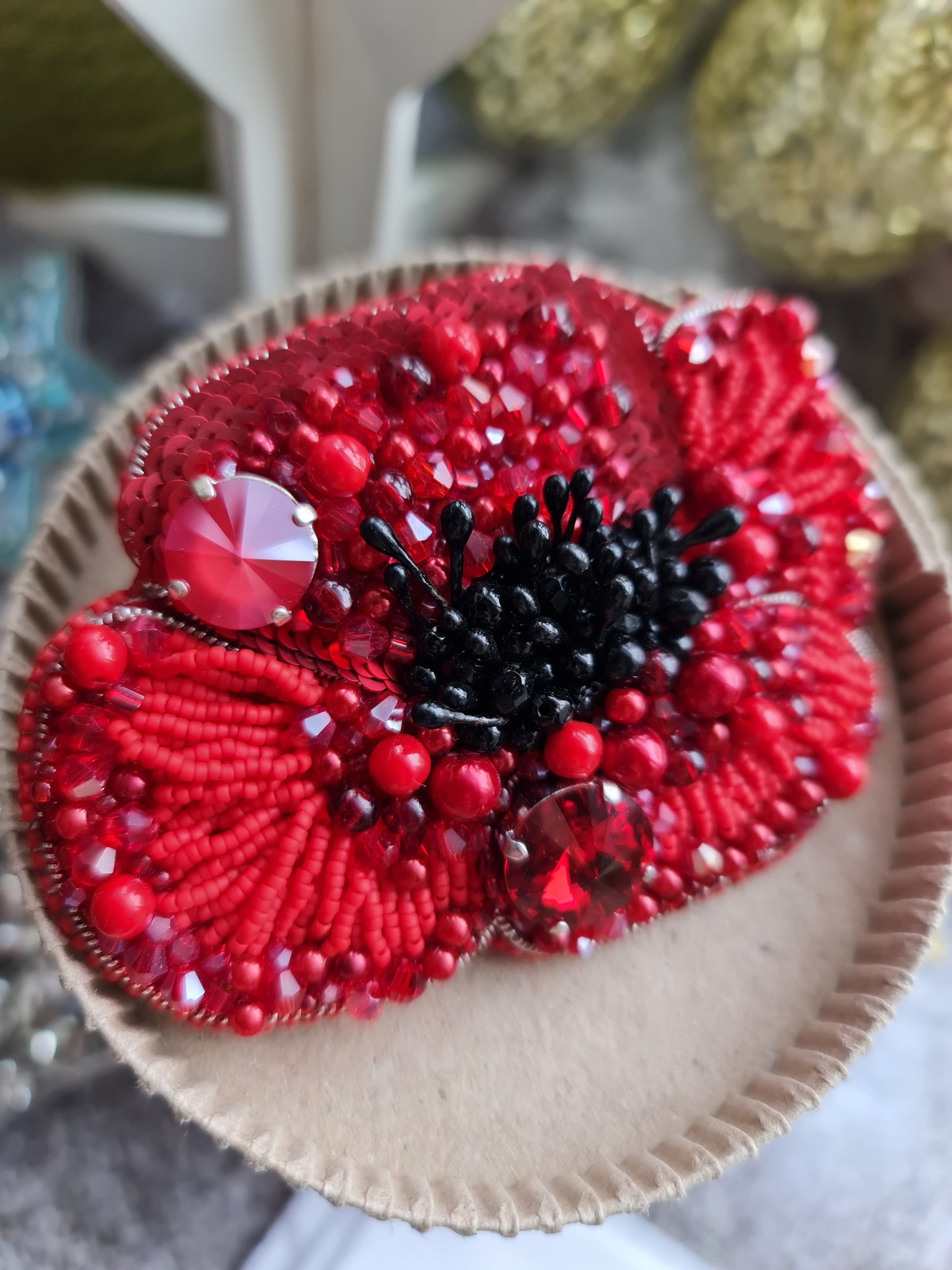 Poppy Flower Beaded Brooch