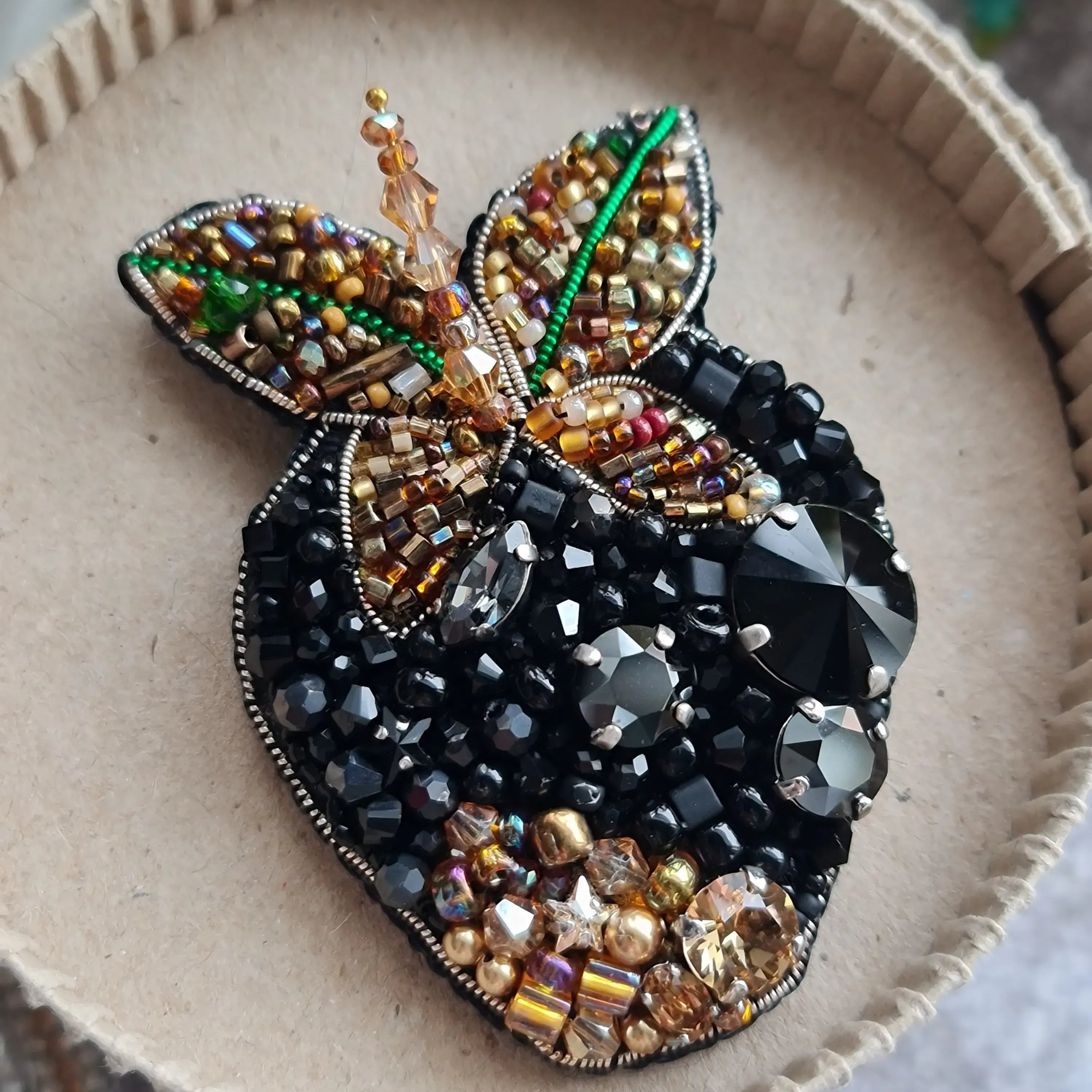 Black Strawberry Beaded Brooch
