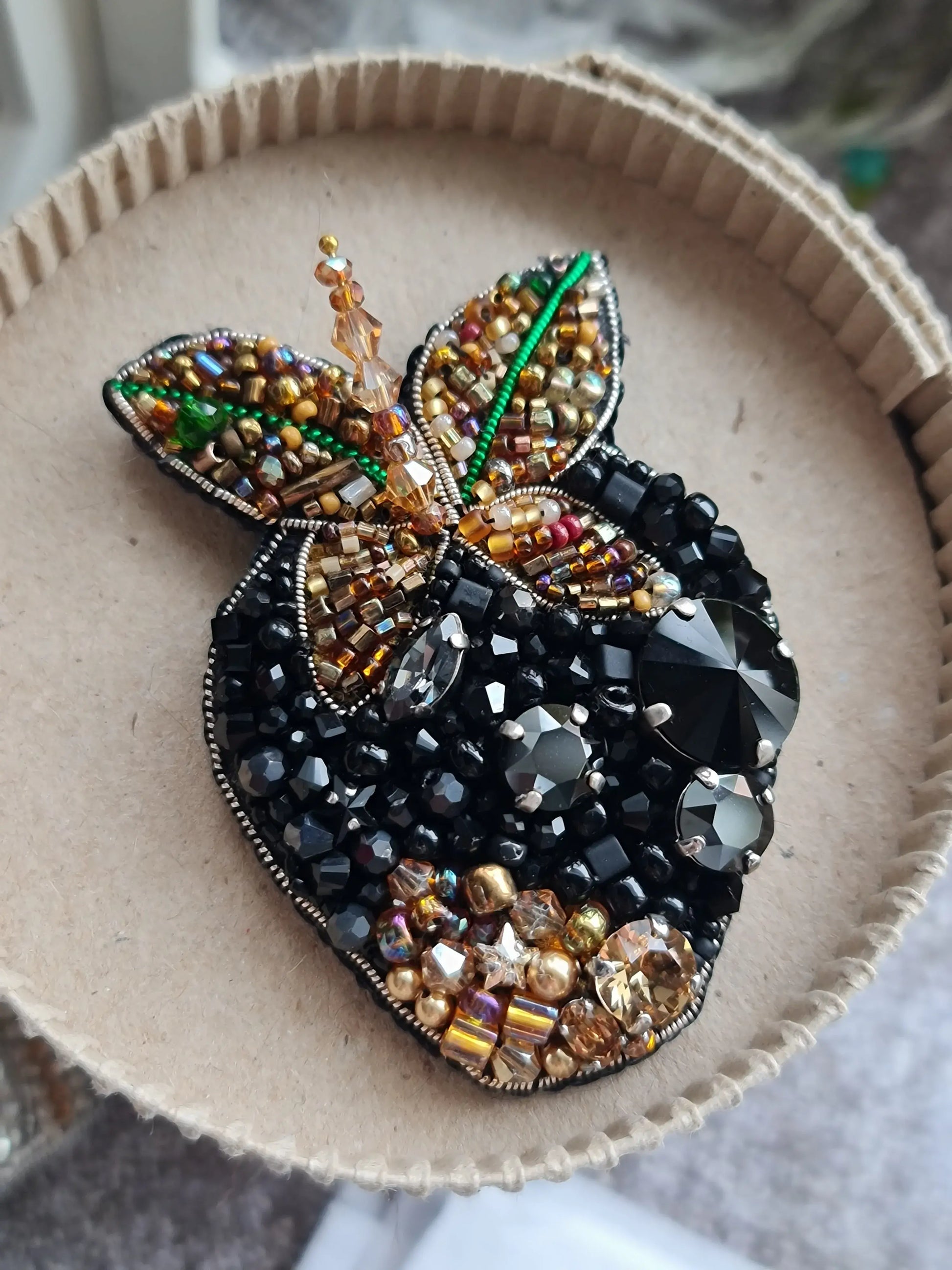 Black Strawberry Beaded Brooch