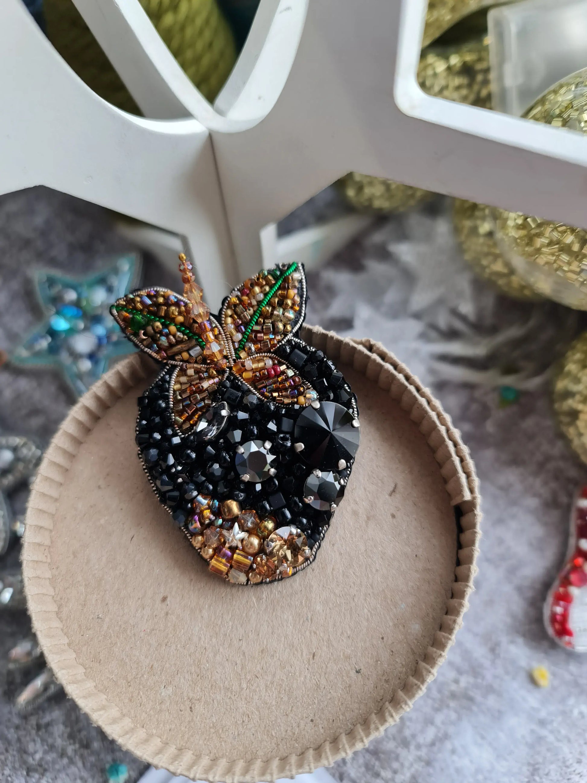 Black Strawberry Beaded Brooch
