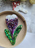 Crocus beaded brooches hand embroidered in purple and purple white colors with green leaves