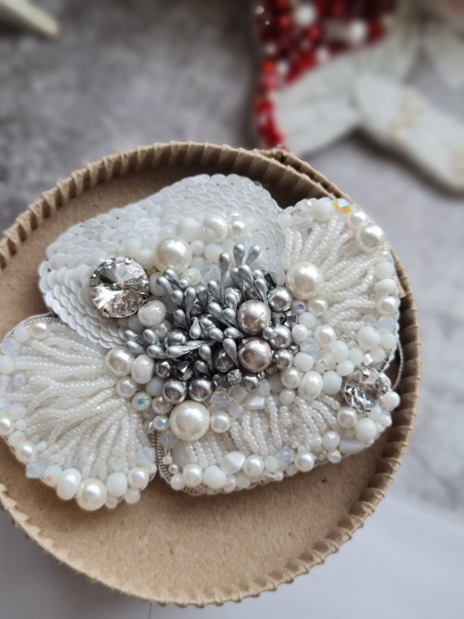 Poppy Flower Beaded Brooch