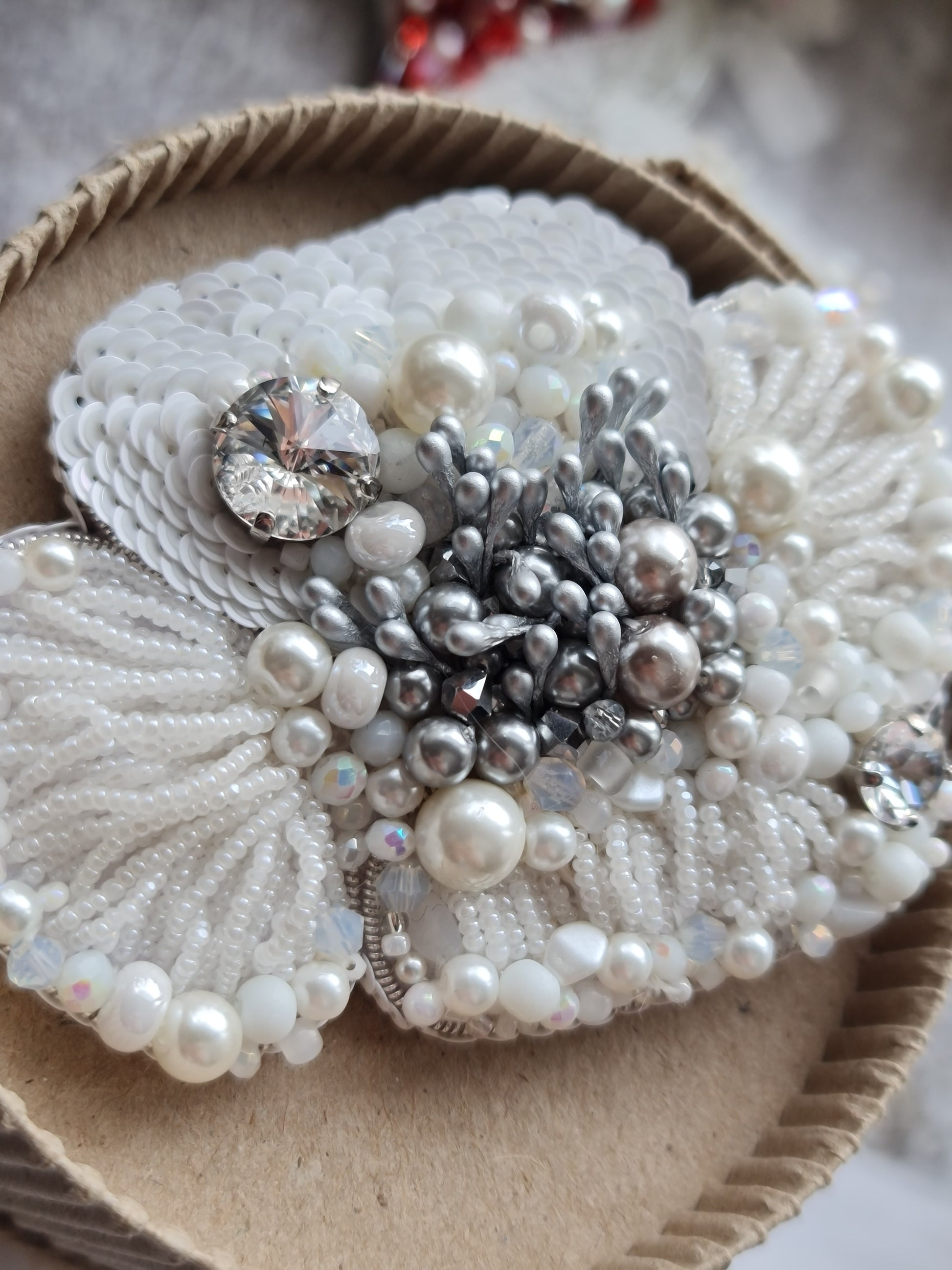 Poppy Flower Beaded Brooch