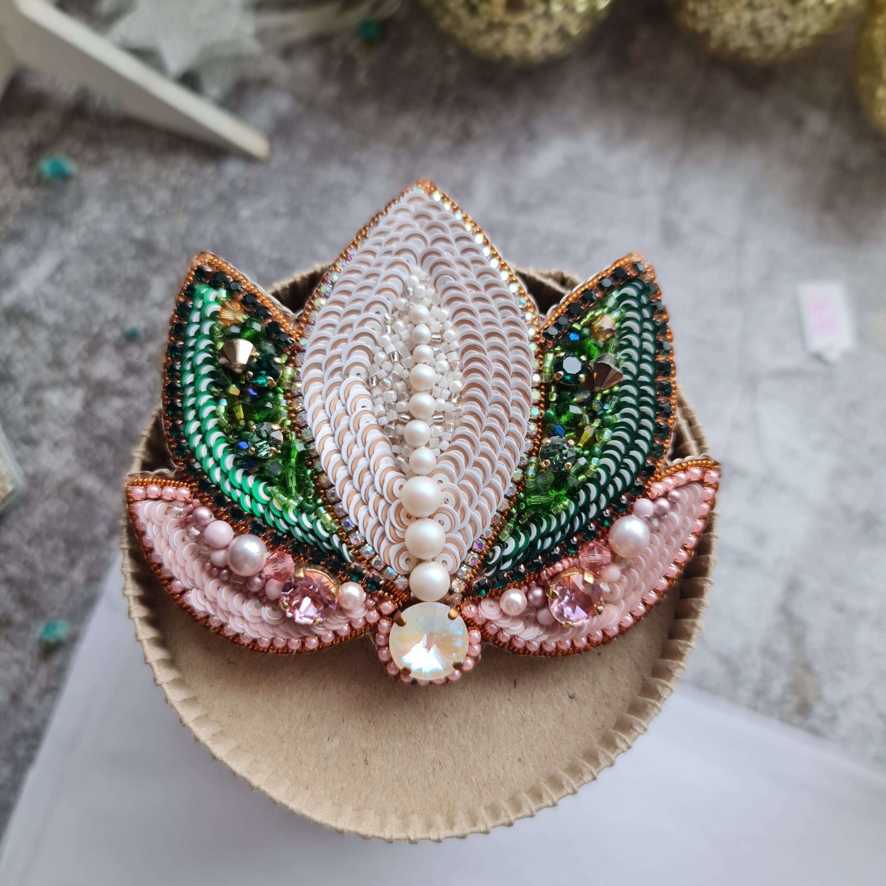 Lotus flower beaded brooch hand embroidered with pink green white sequins pearls and crystal details
