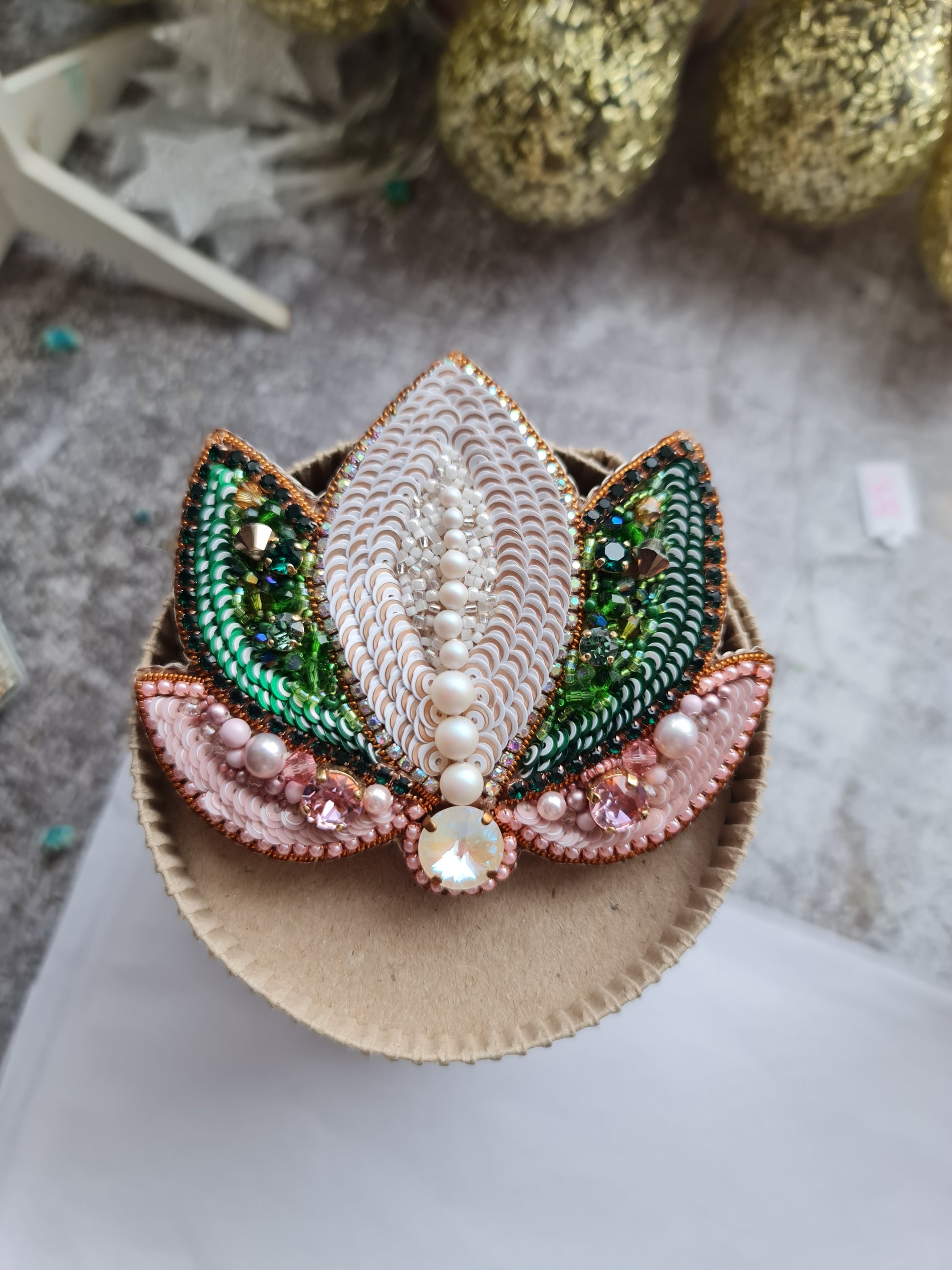 Lotus flower beaded brooch hand embroidered with pink green white sequins pearls and crystal details