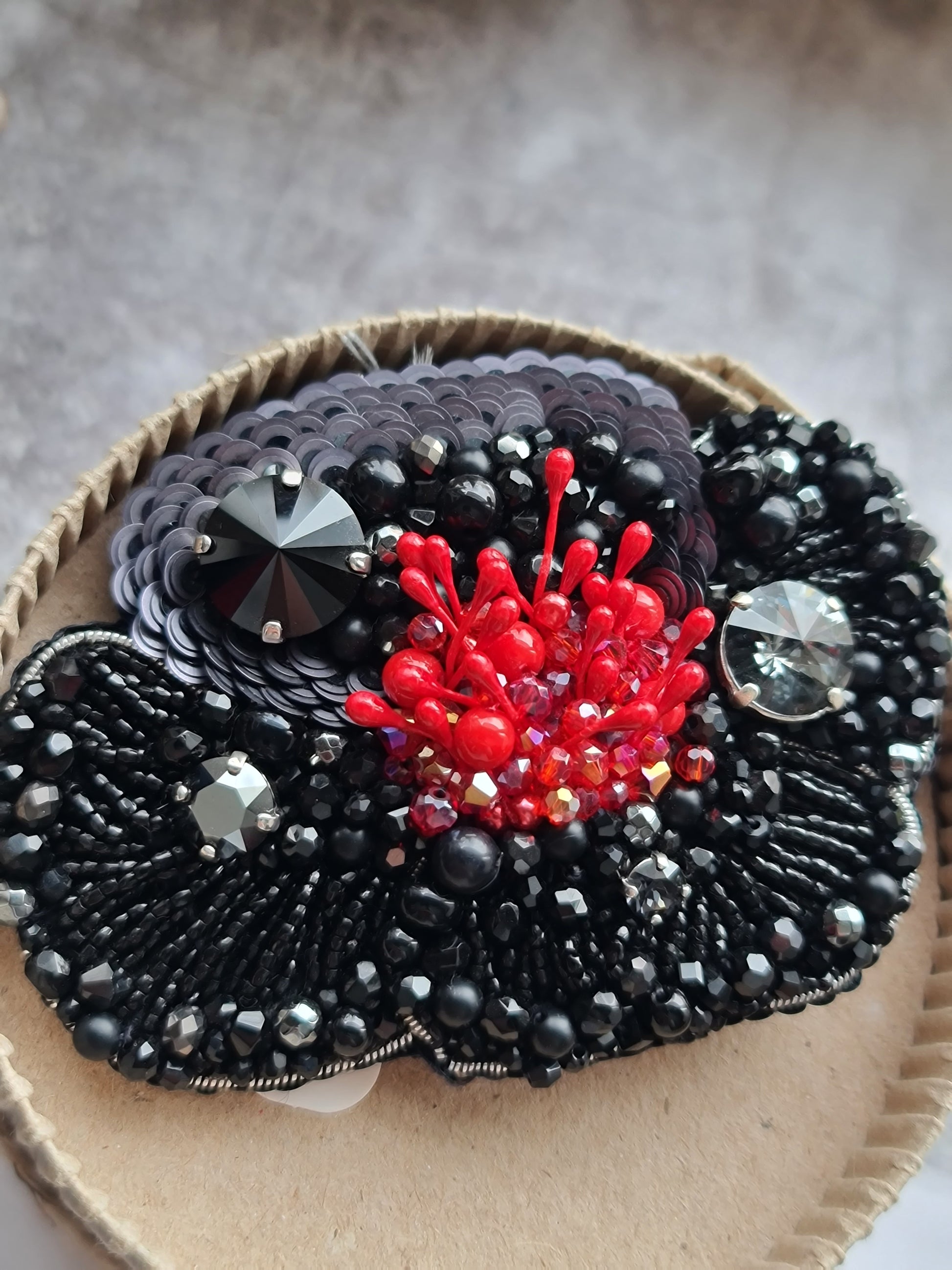 Poppy Flower Beaded Brooch