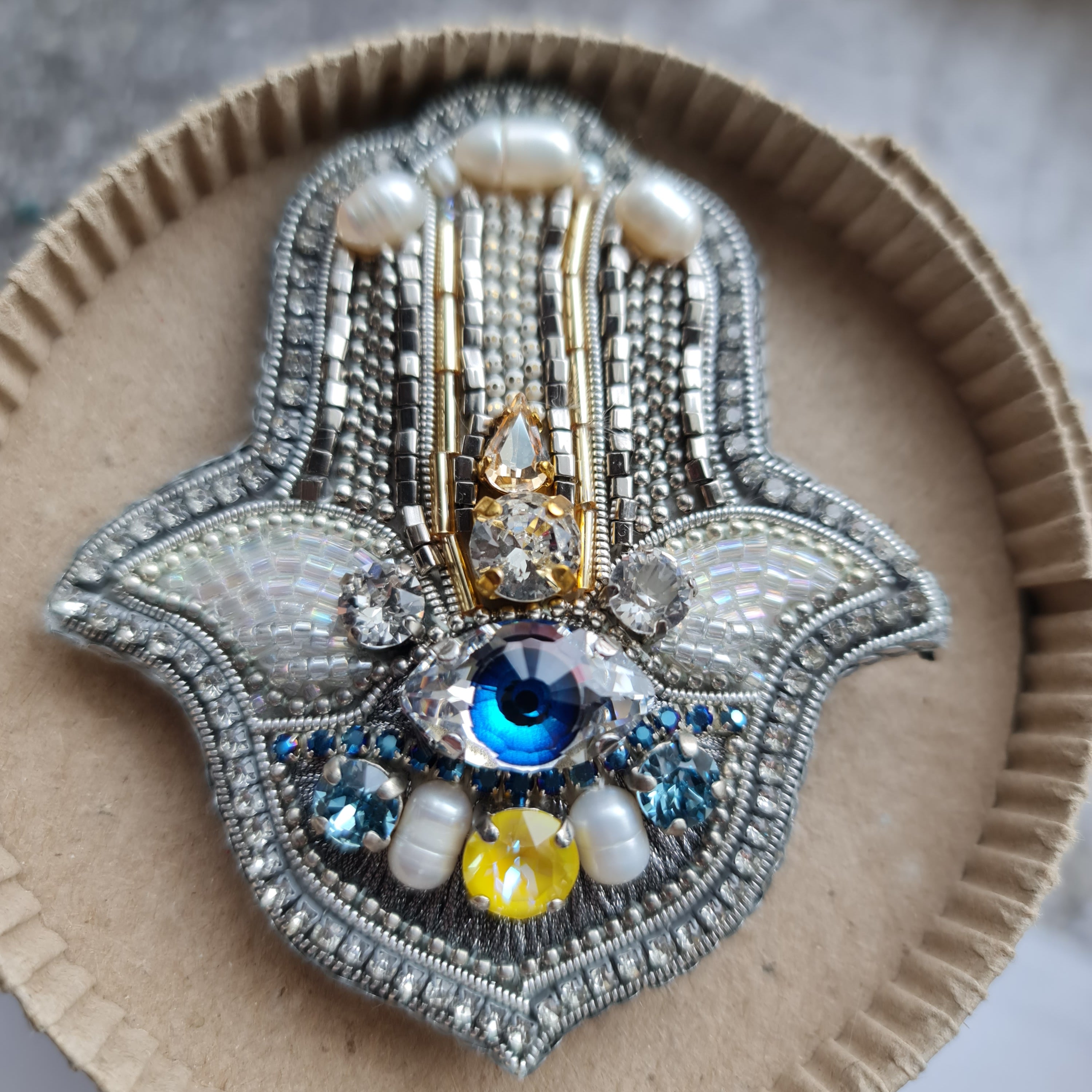 Hamsa hand beaded brooch with evil eye, crystals, pearls and silver embroidery, available in blue and green color options