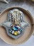 Hamsa hand beaded brooch with evil eye, crystals, pearls and silver embroidery, available in blue and green color options