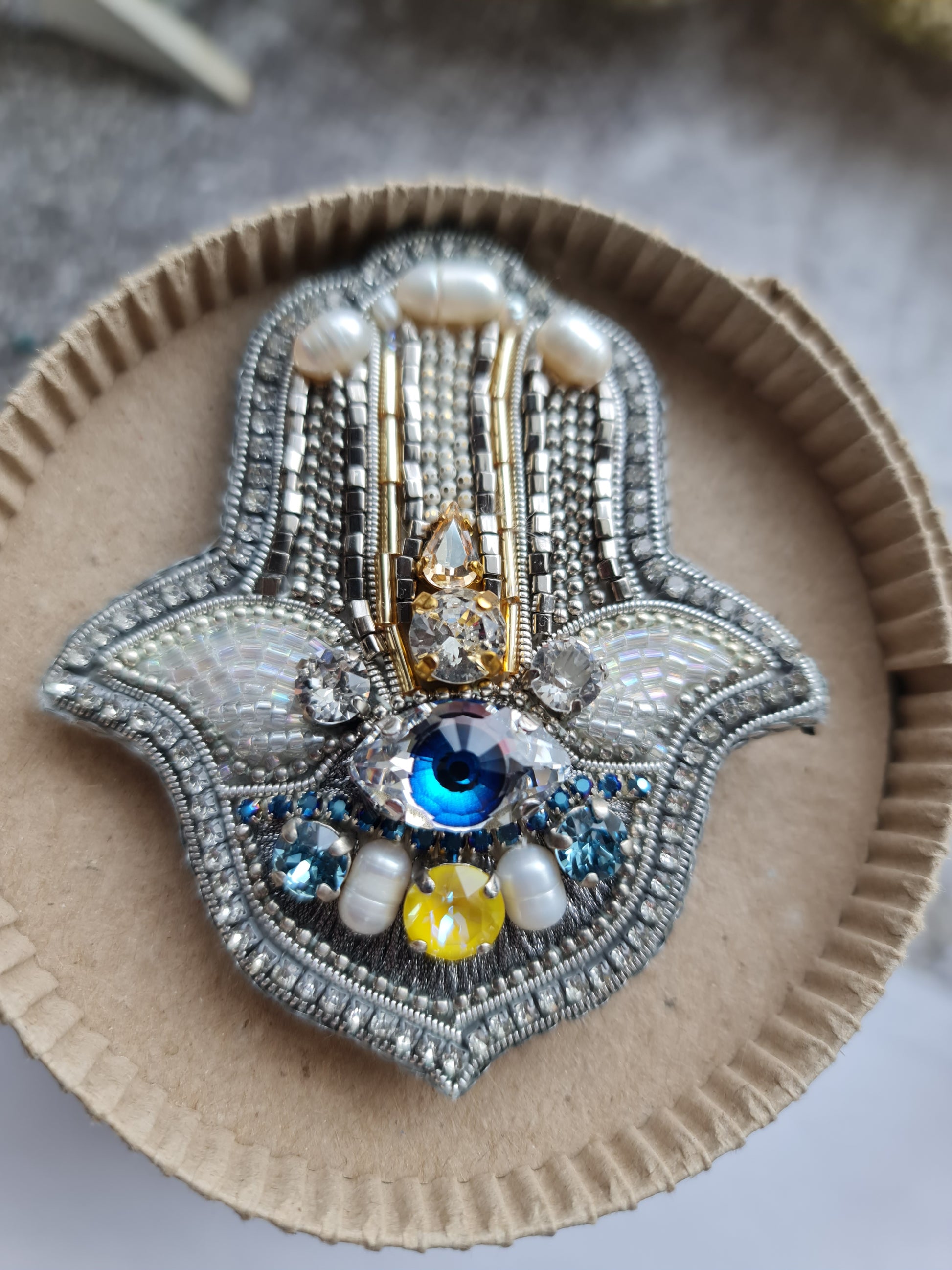 Hamsa hand beaded brooch with evil eye, crystals, pearls and silver embroidery, available in blue and green color options
