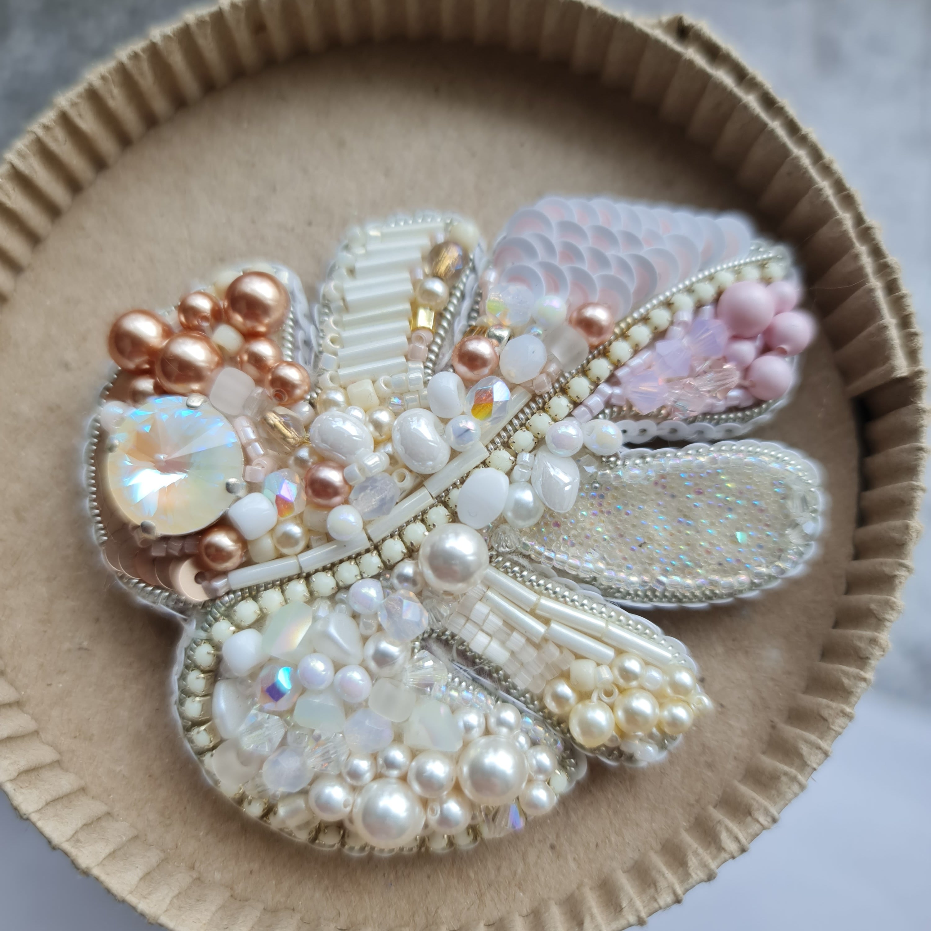 Monstera leaf beaded brooch or keychain hand embroidered with ivory blush pearls crystals and bead details