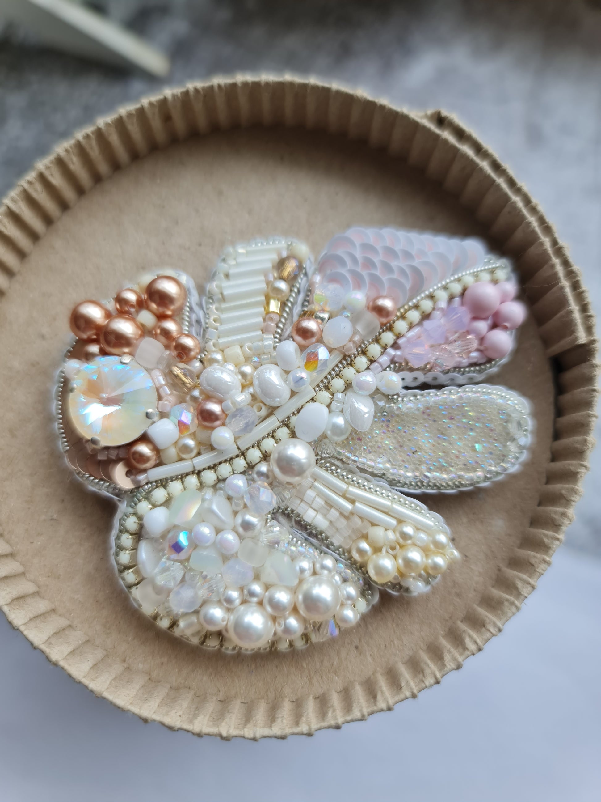 Monstera leaf beaded brooch or keychain hand embroidered with ivory blush pearls crystals and bead details