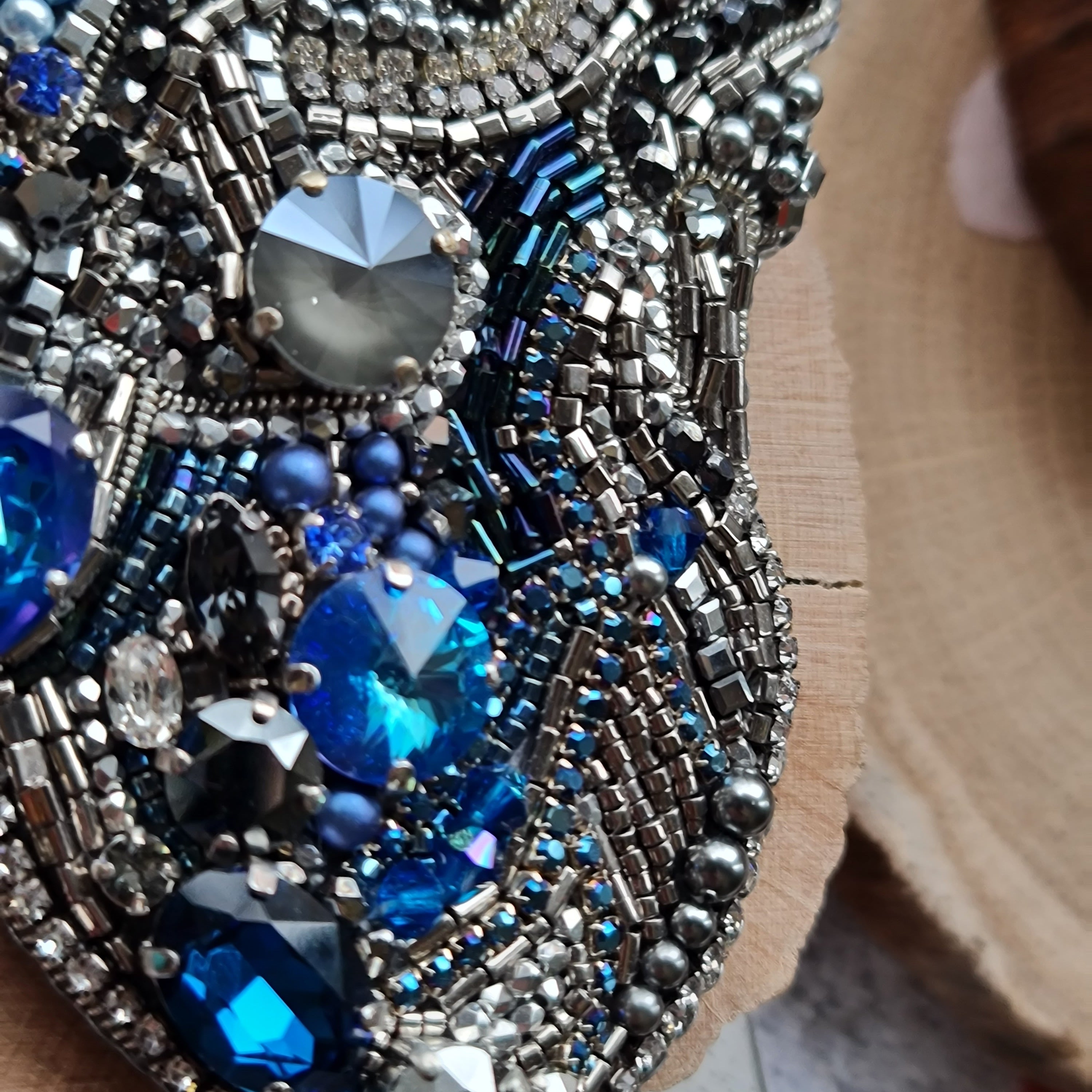 Blue Anatomical Heart Beaded Brooch
