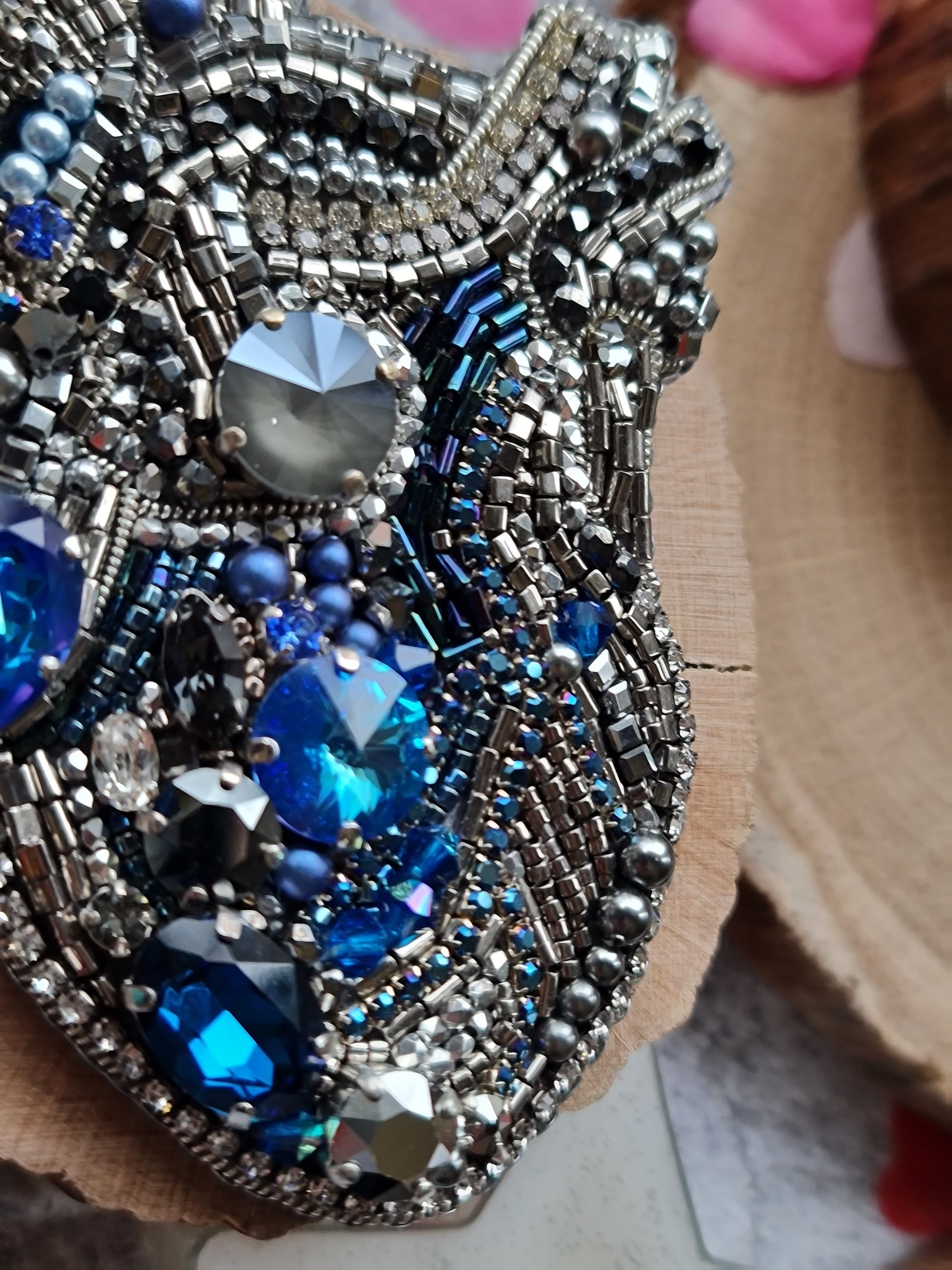 Blue Anatomical Heart Beaded Brooch