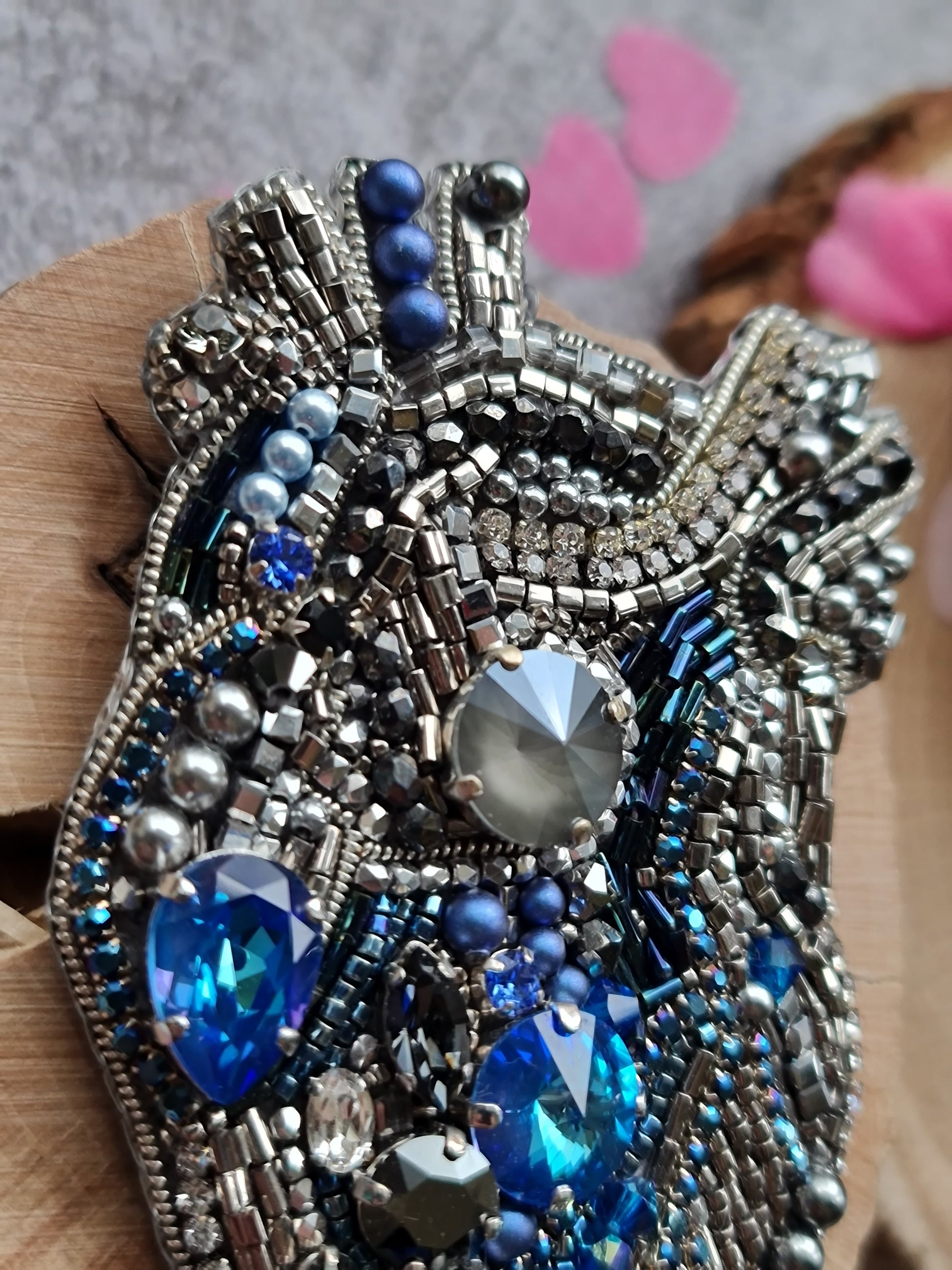 Blue Anatomical Heart Beaded Brooch