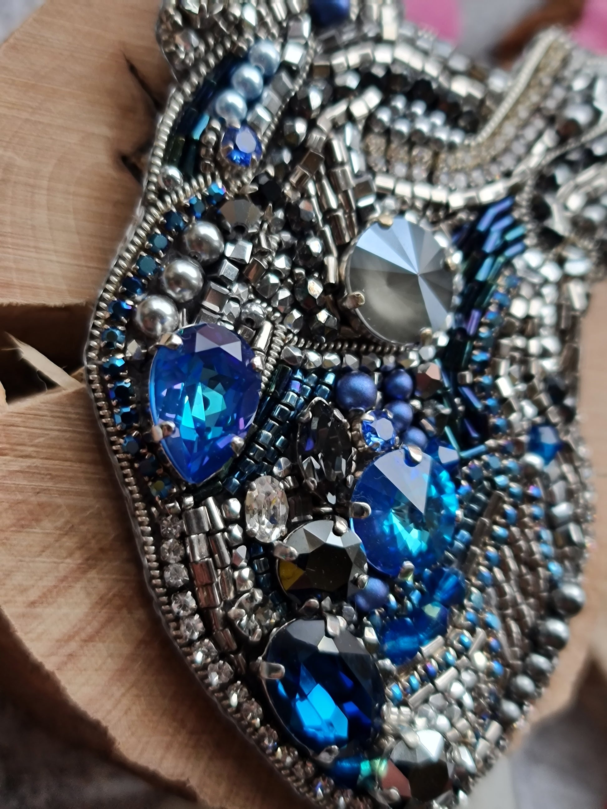 Blue Anatomical Heart Beaded Brooch