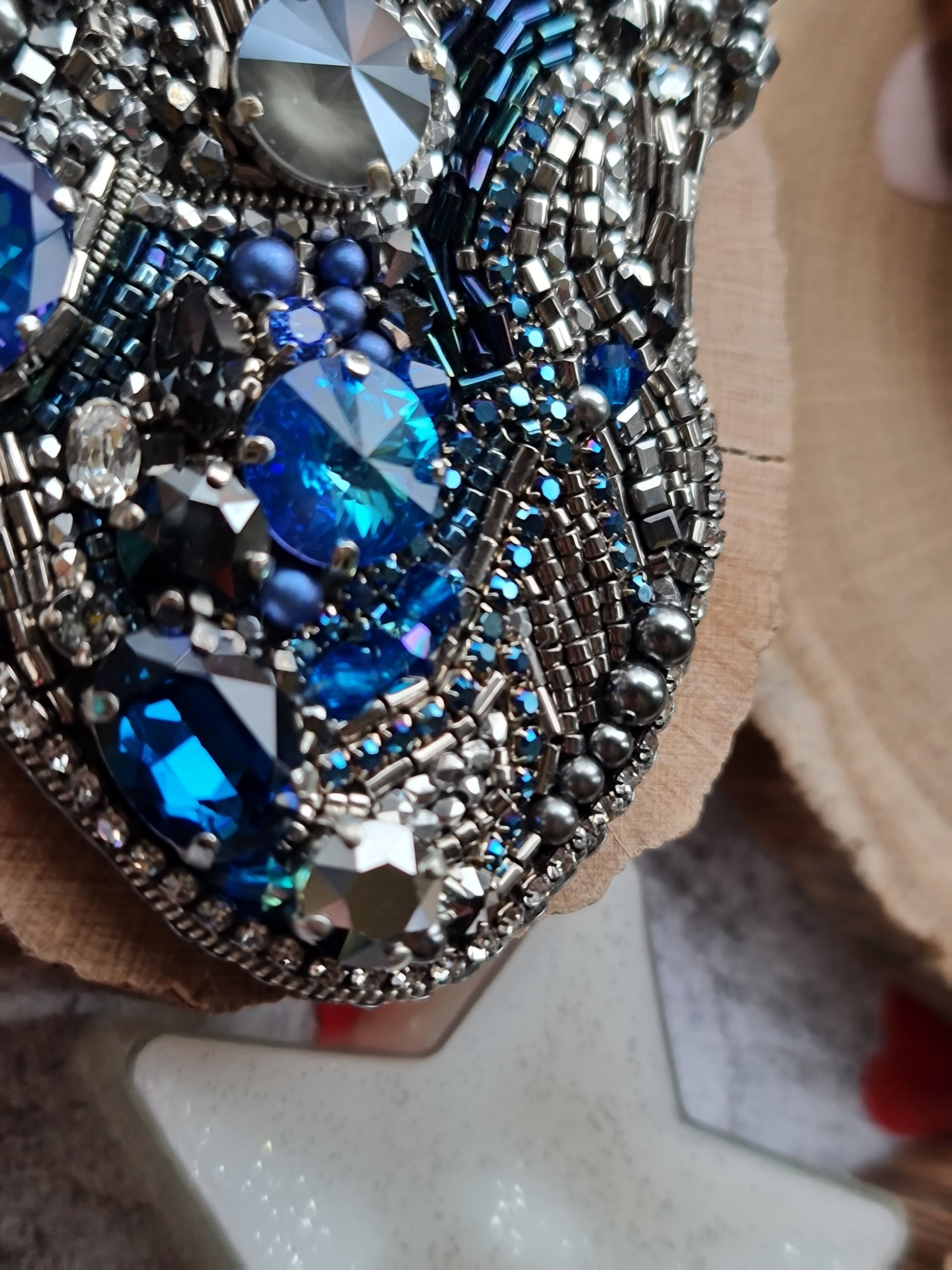 Blue Anatomical Heart Beaded Brooch