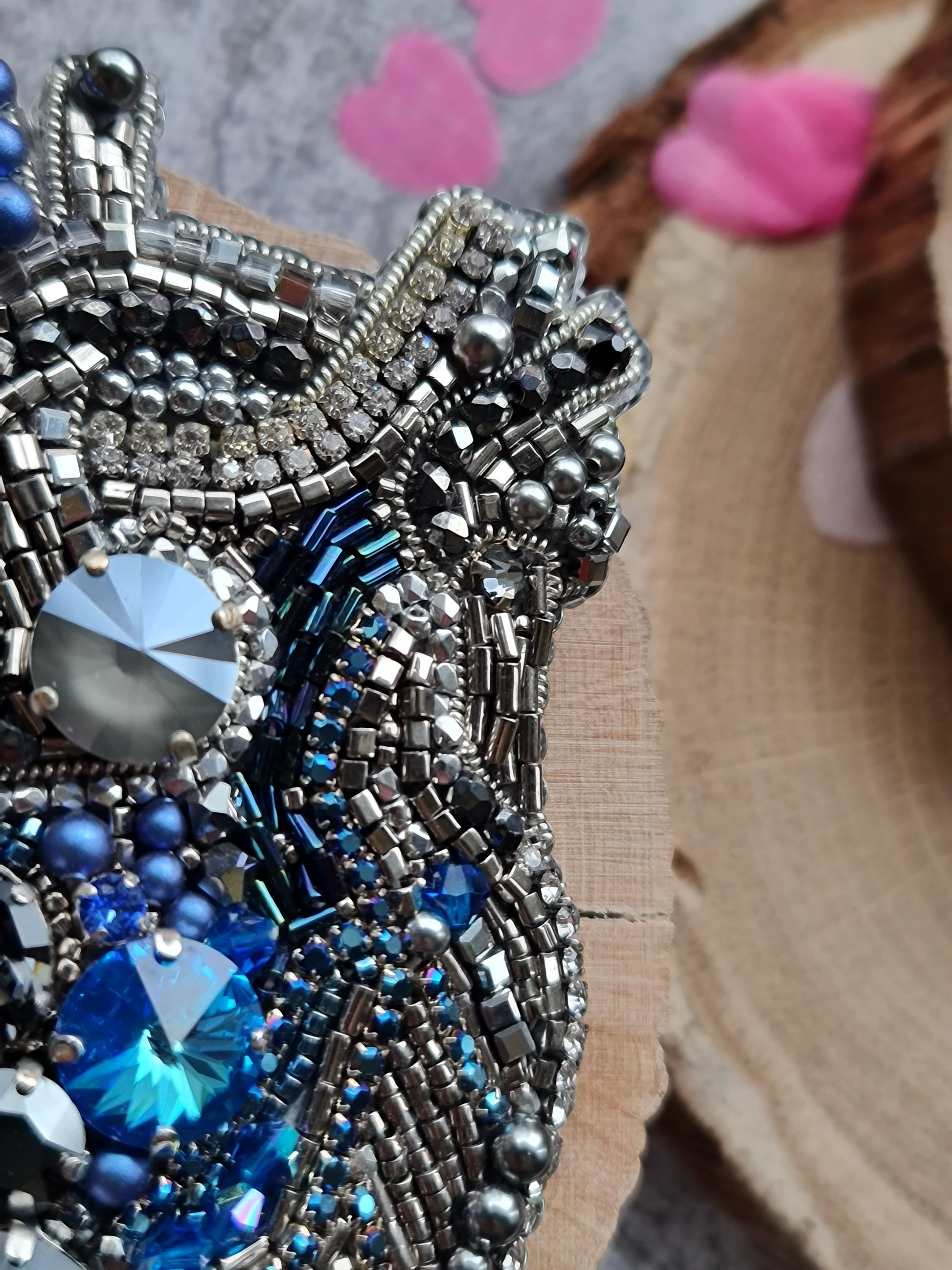 Blue Anatomical Heart Beaded Brooch