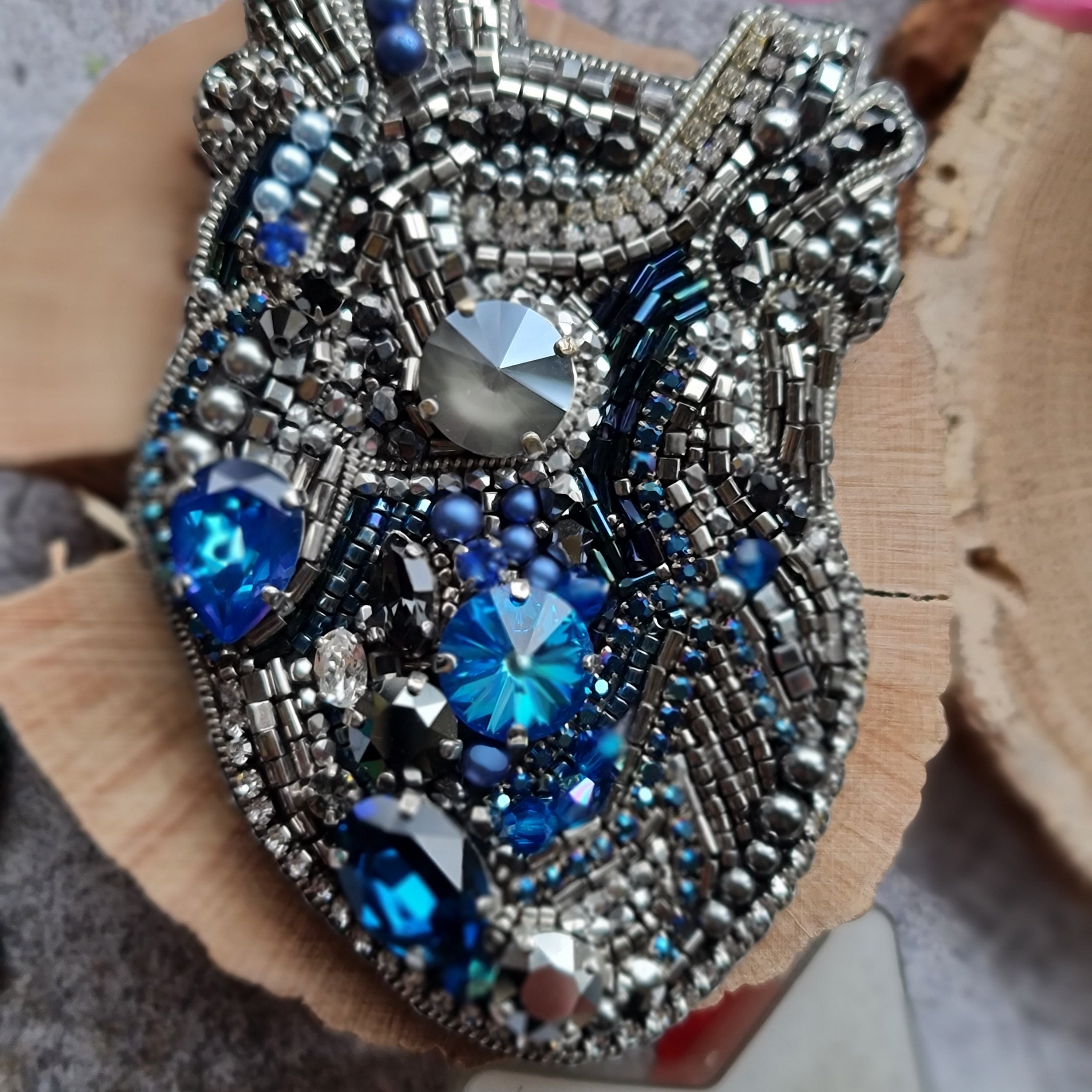 Blue Anatomical Heart Beaded Brooch