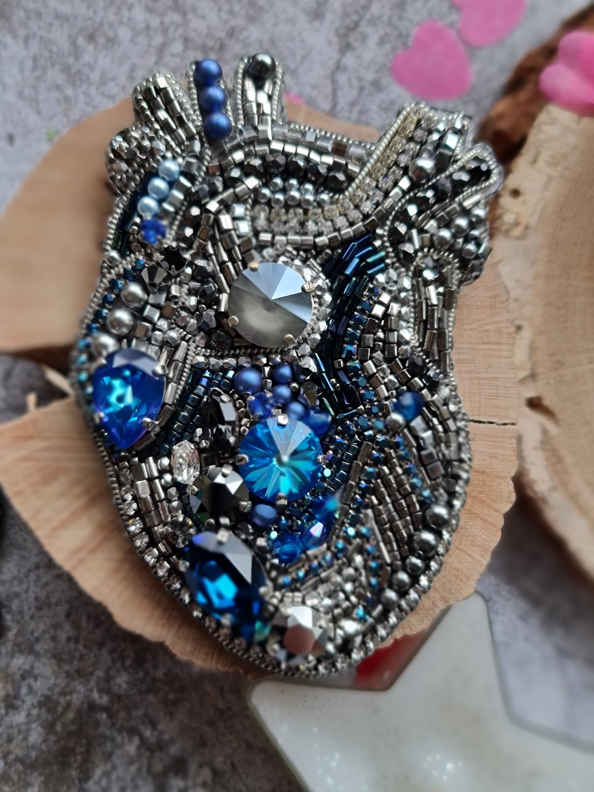 Blue Anatomical Heart Beaded Brooch