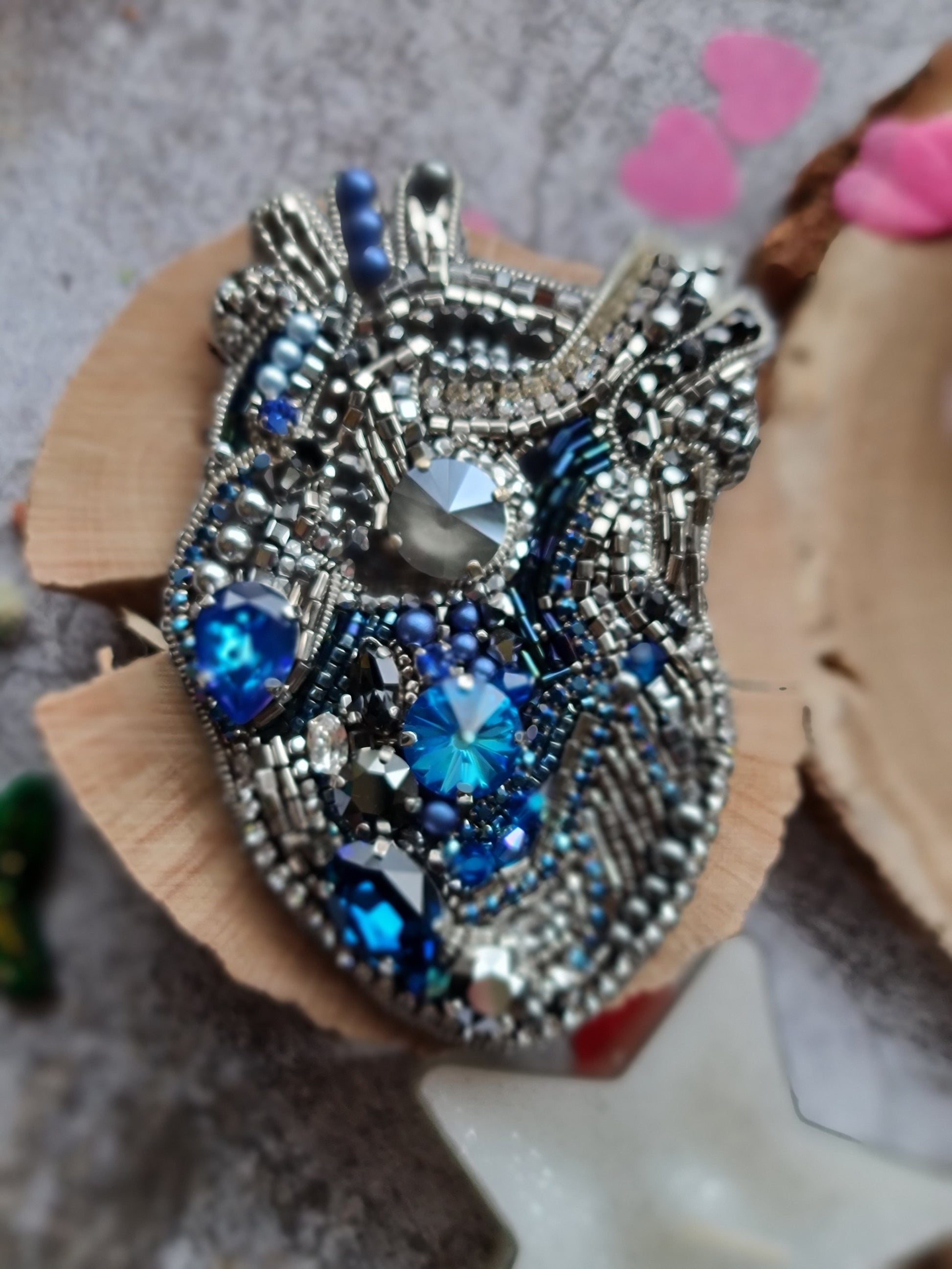 Blue Anatomical Heart Beaded Brooch