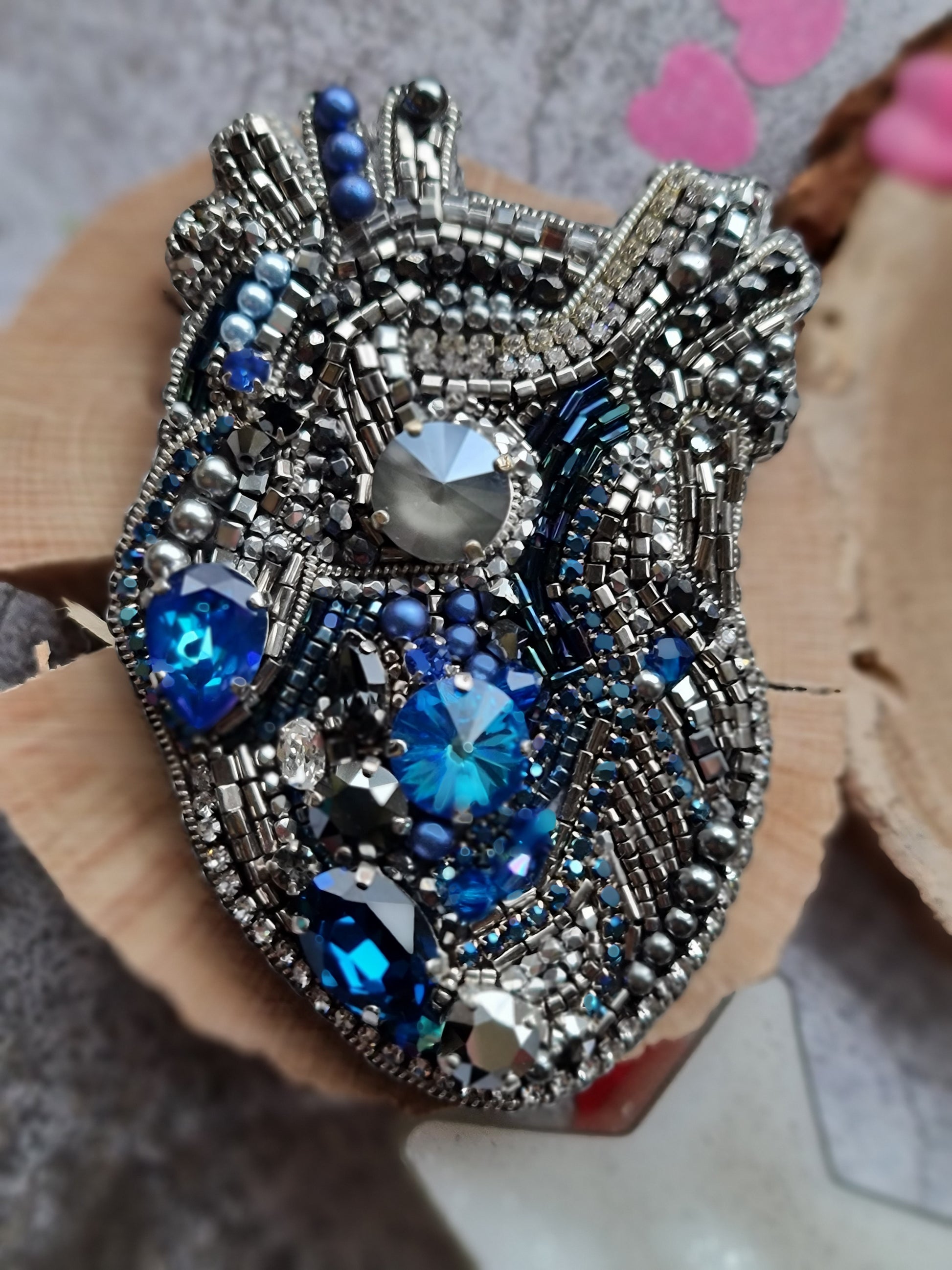 Blue Anatomical Heart Beaded Brooch