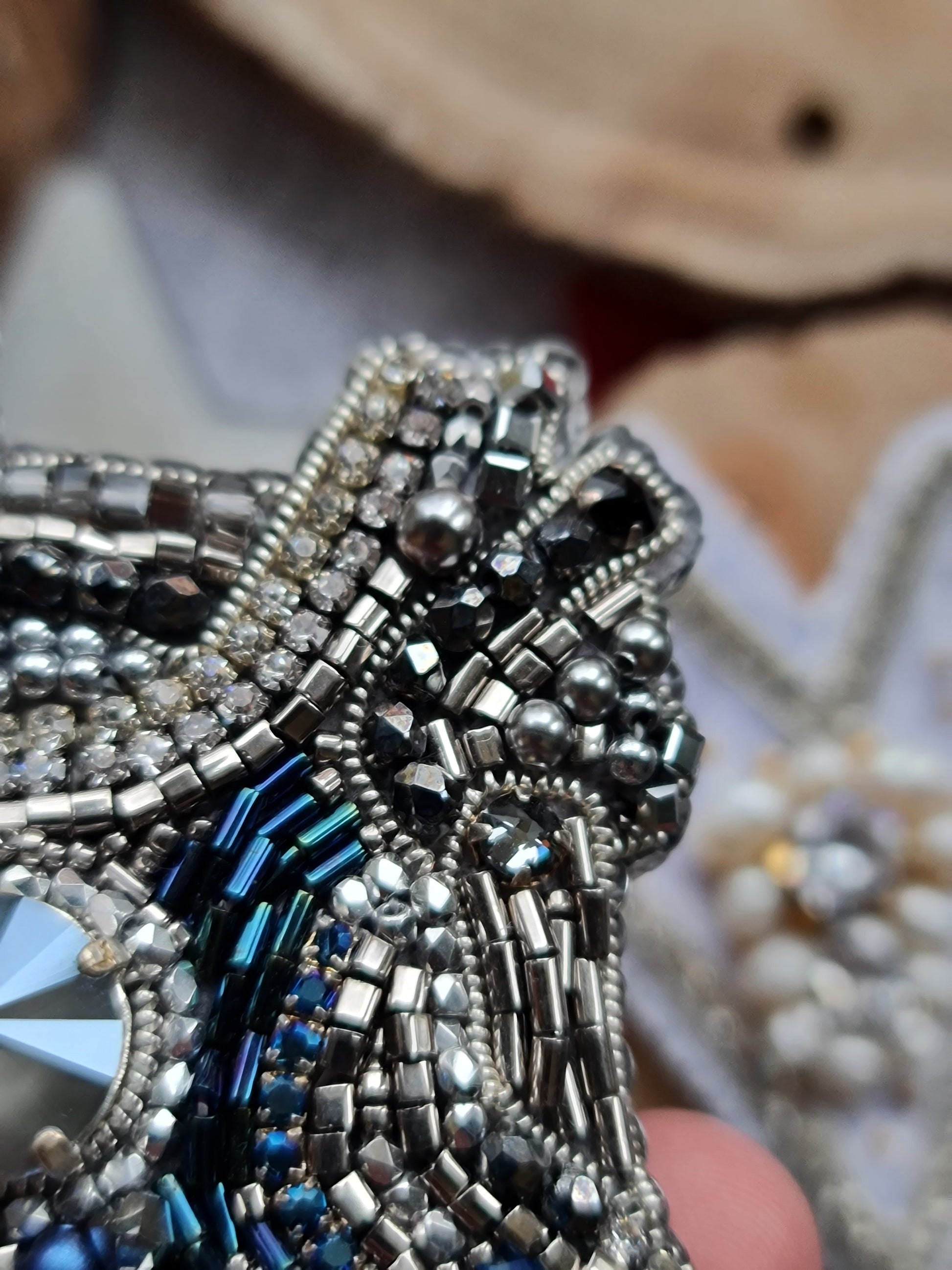 Blue Anatomical Heart Beaded Brooch