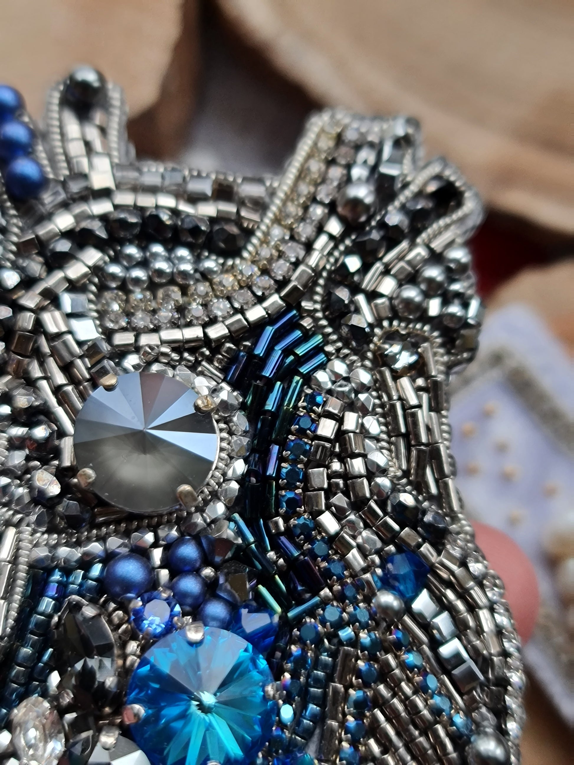Blue Anatomical Heart Beaded Brooch