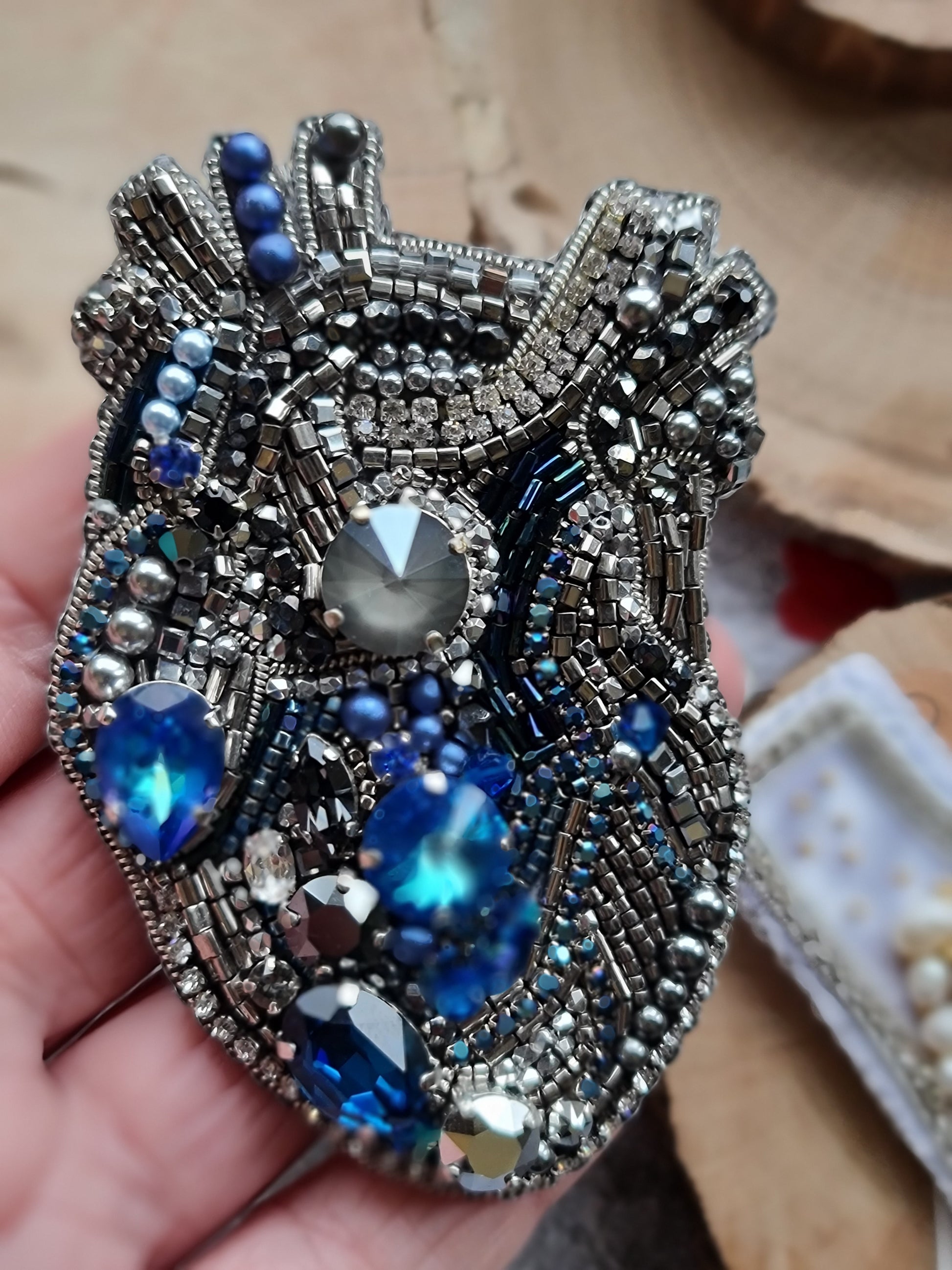 Blue Anatomical Heart Beaded Brooch