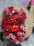 Red anatomical heart beaded brooch hand embroidered with crystals flowers and blue details