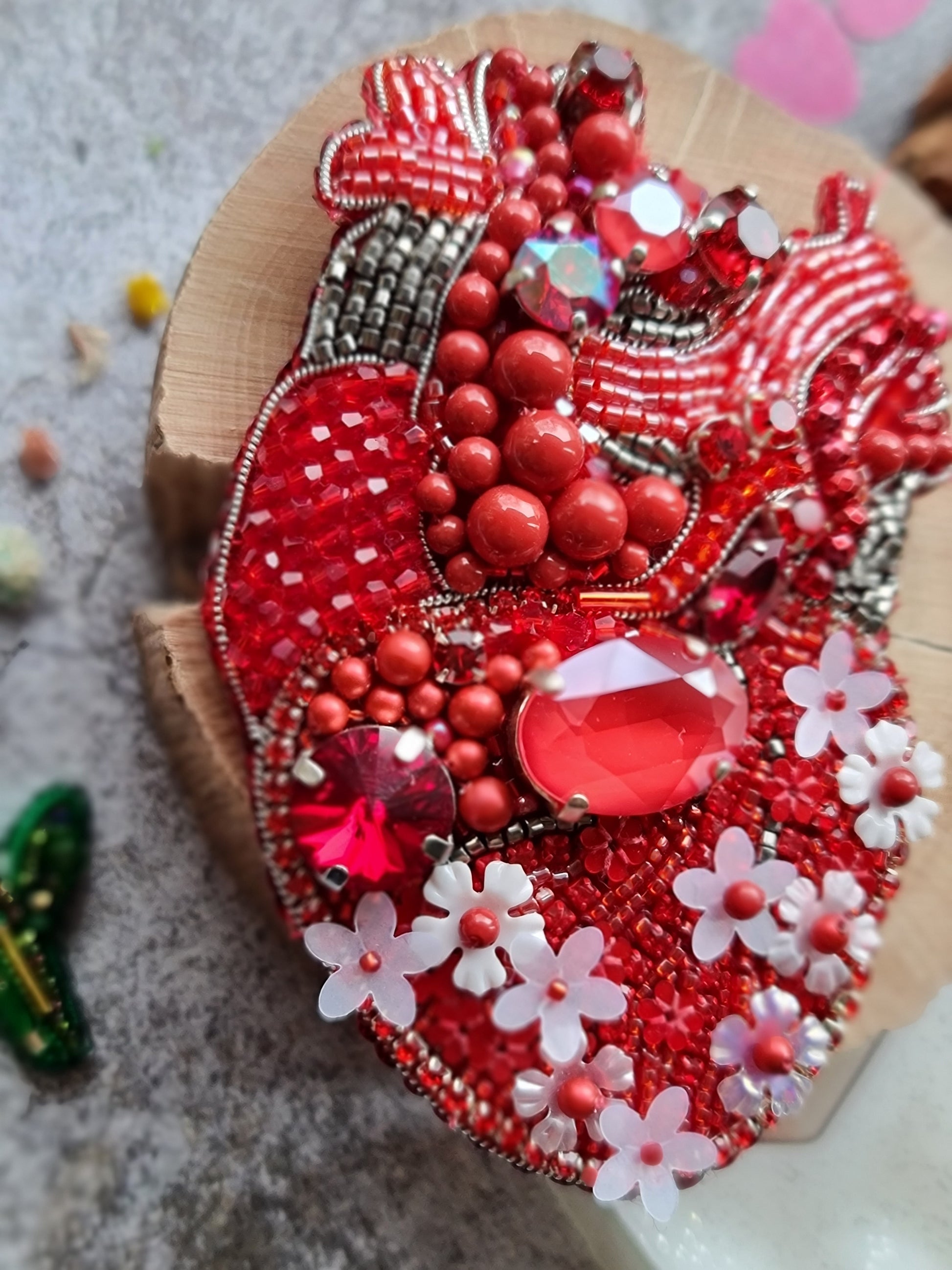 Red Anatomical Heart Beaded Brooch