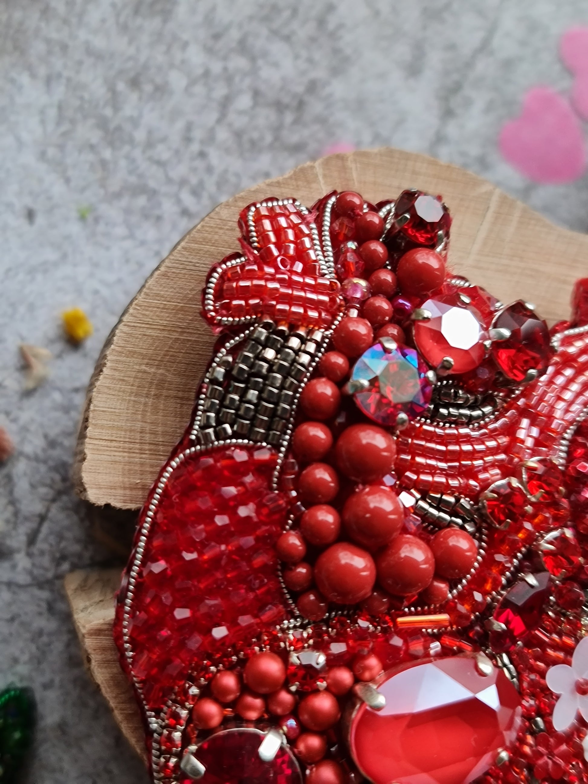 Red Anatomical Heart Beaded Brooch