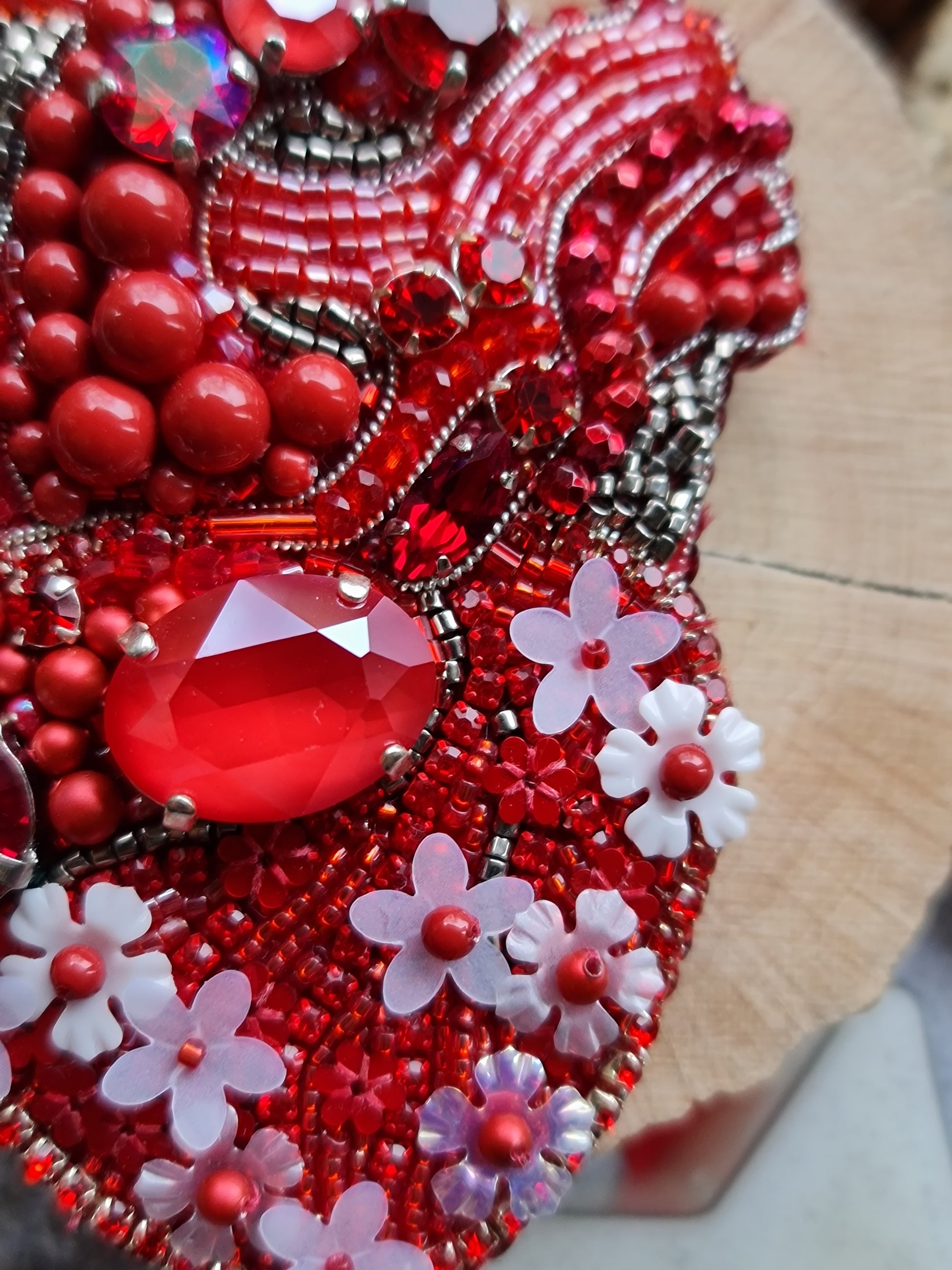 Red Anatomical Heart Beaded Brooch