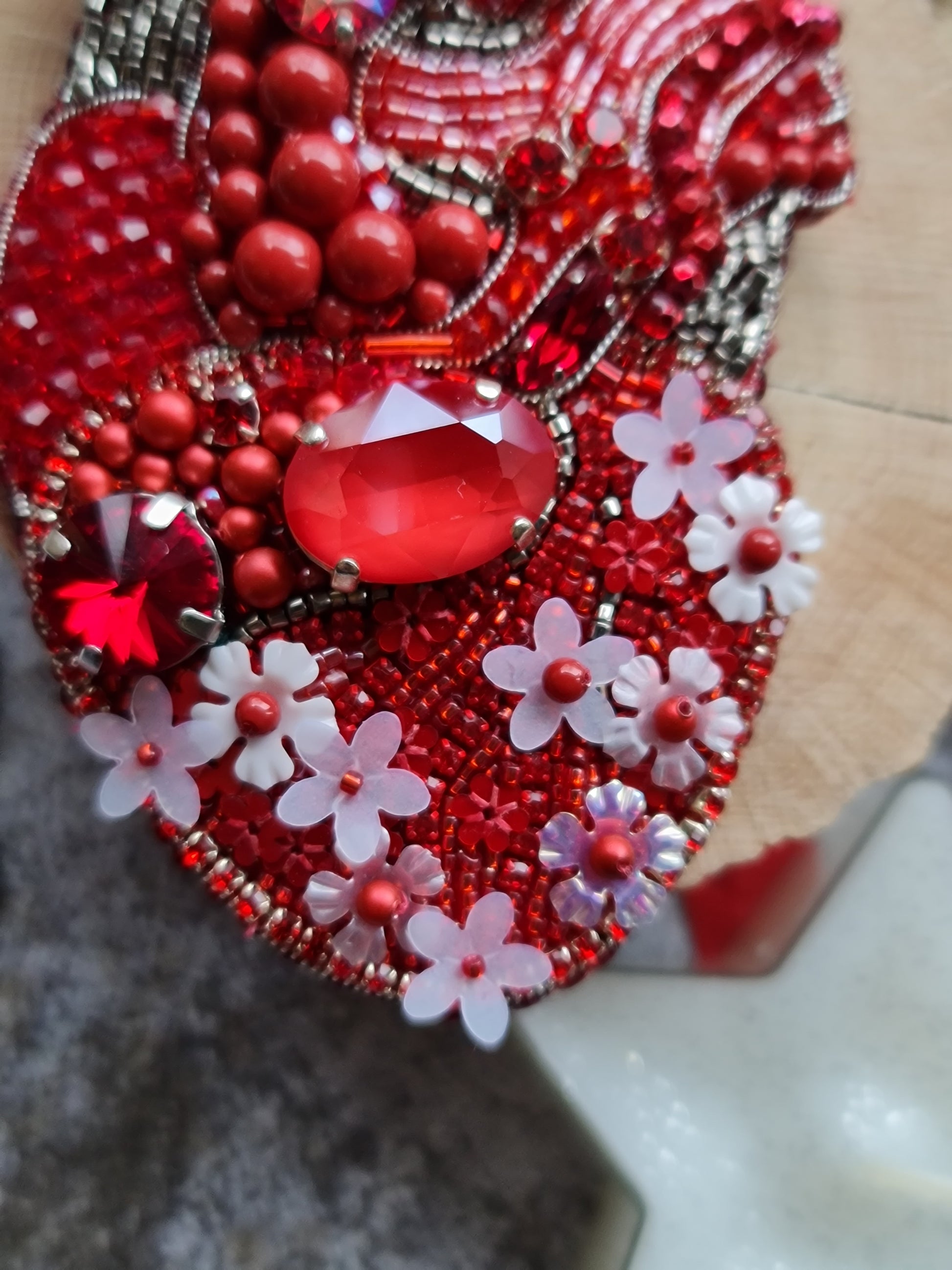 Red Anatomical Heart Beaded Brooch