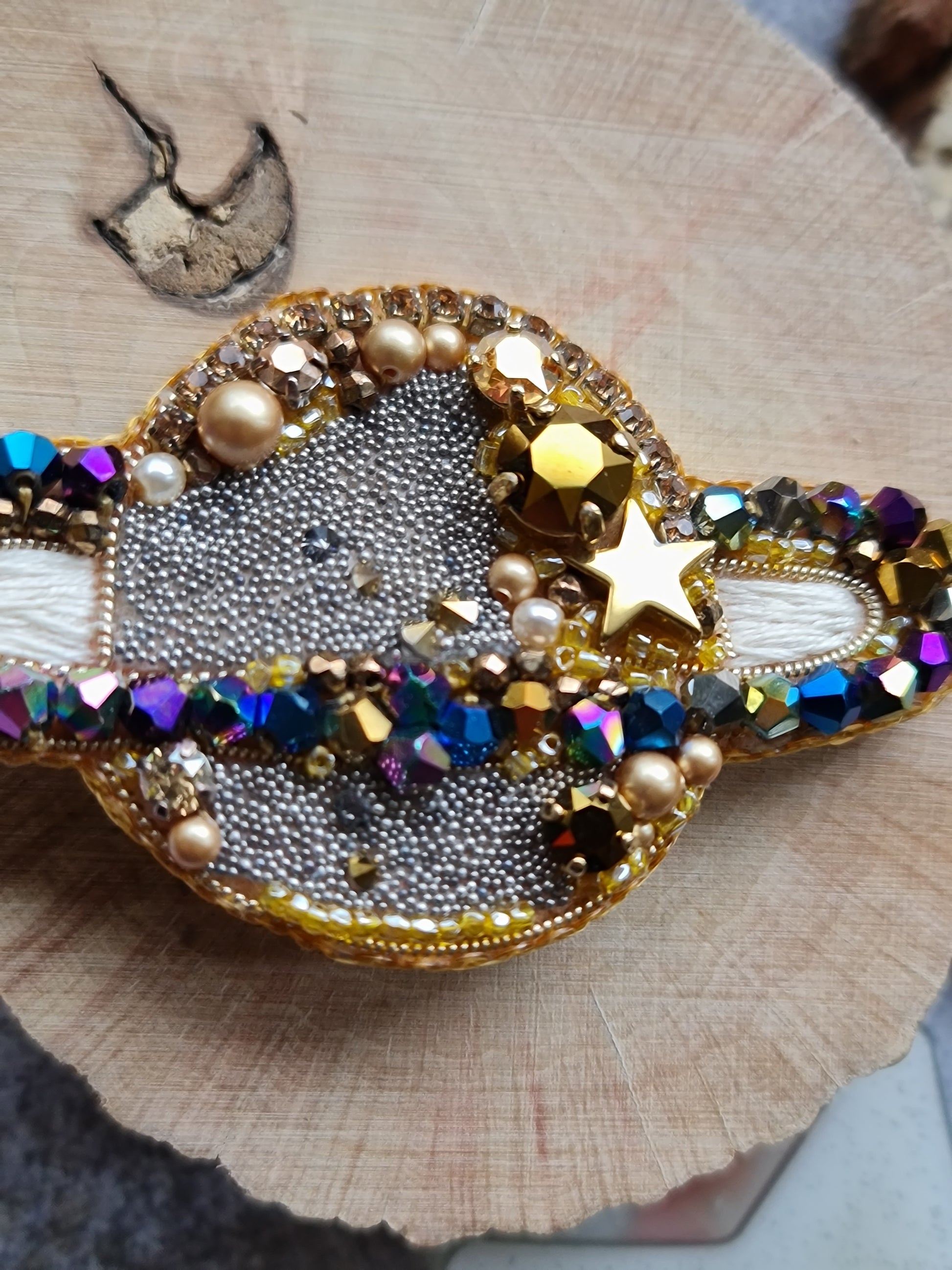 Hand embroidered Saturn planet brooch with beads crystals sequins and celestial details