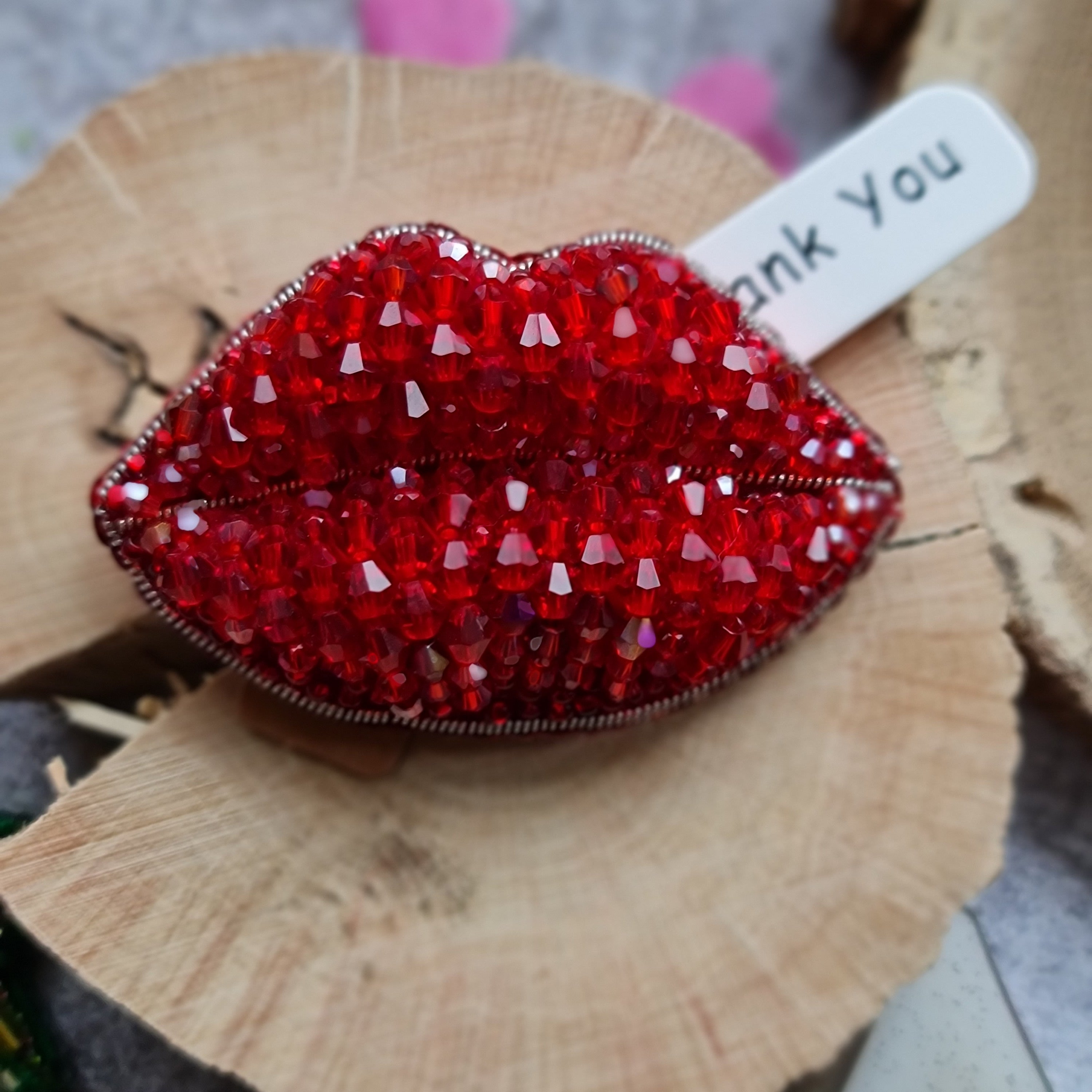 Red lips beaded brooch hand embroidered with crystals sequins and bead details