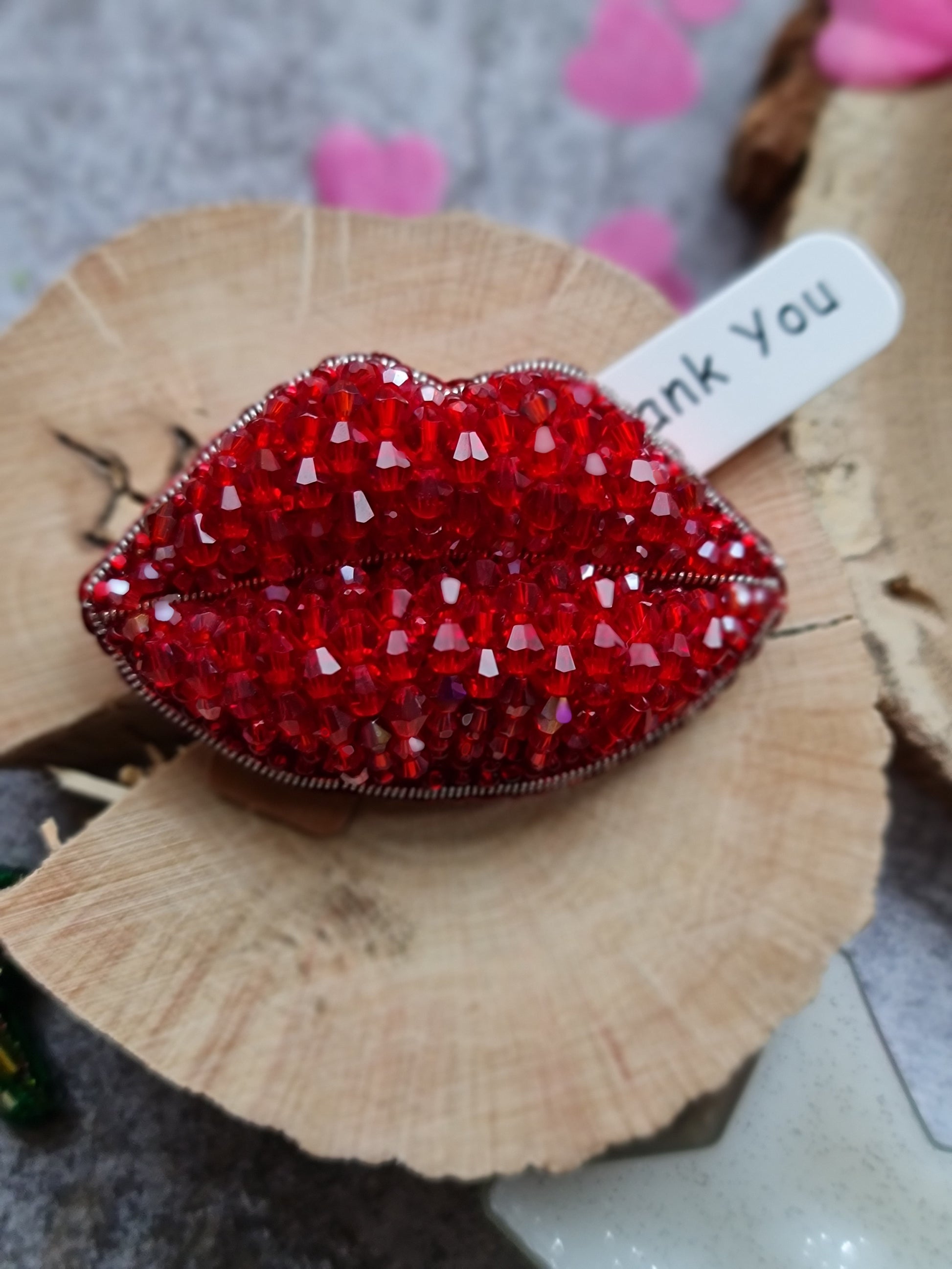 Red lips beaded brooch hand embroidered with crystals sequins and bead details