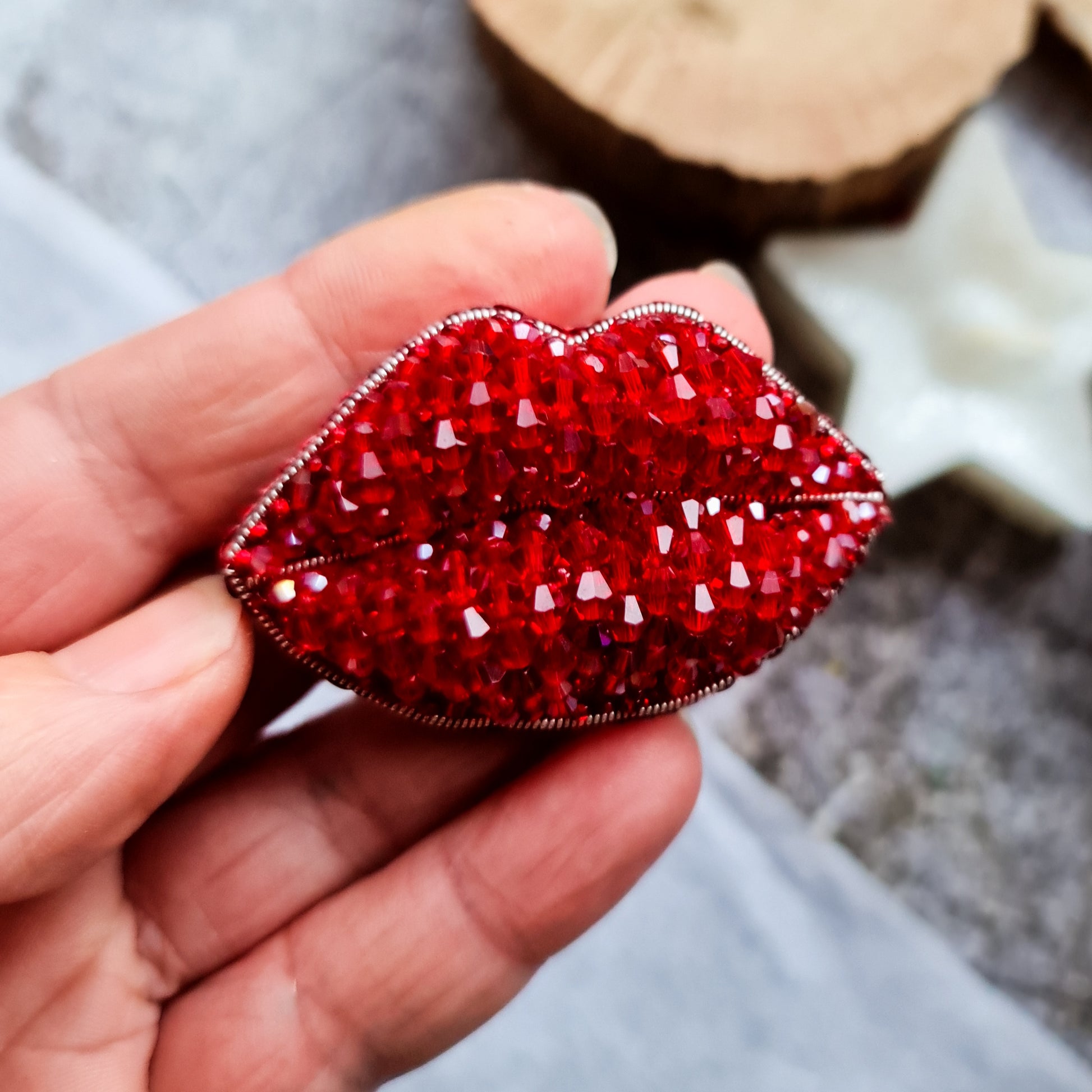 Red Lips Beaded Brooch