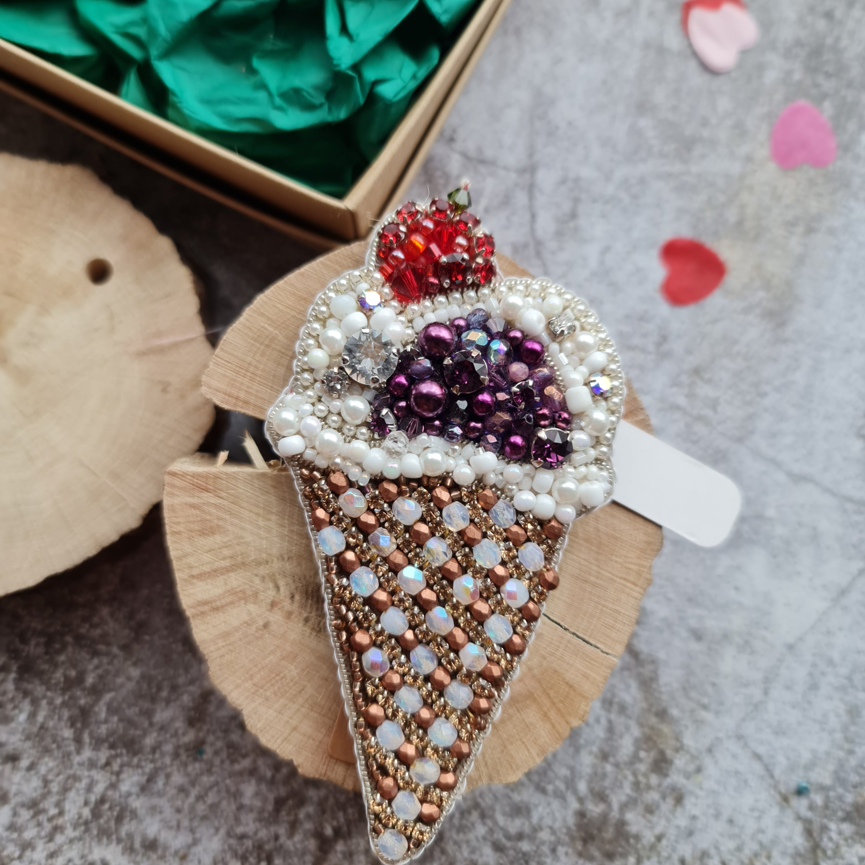 Handmade beaded waffle cone ice cream brooch with sparkling beads, white topping, and green or purple scoop, size 10.5 x 5.5 cm