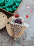 Handmade beaded waffle cone ice cream brooch with sparkling beads, white topping, and green or purple scoop, size 10.5 x 5.5 cm