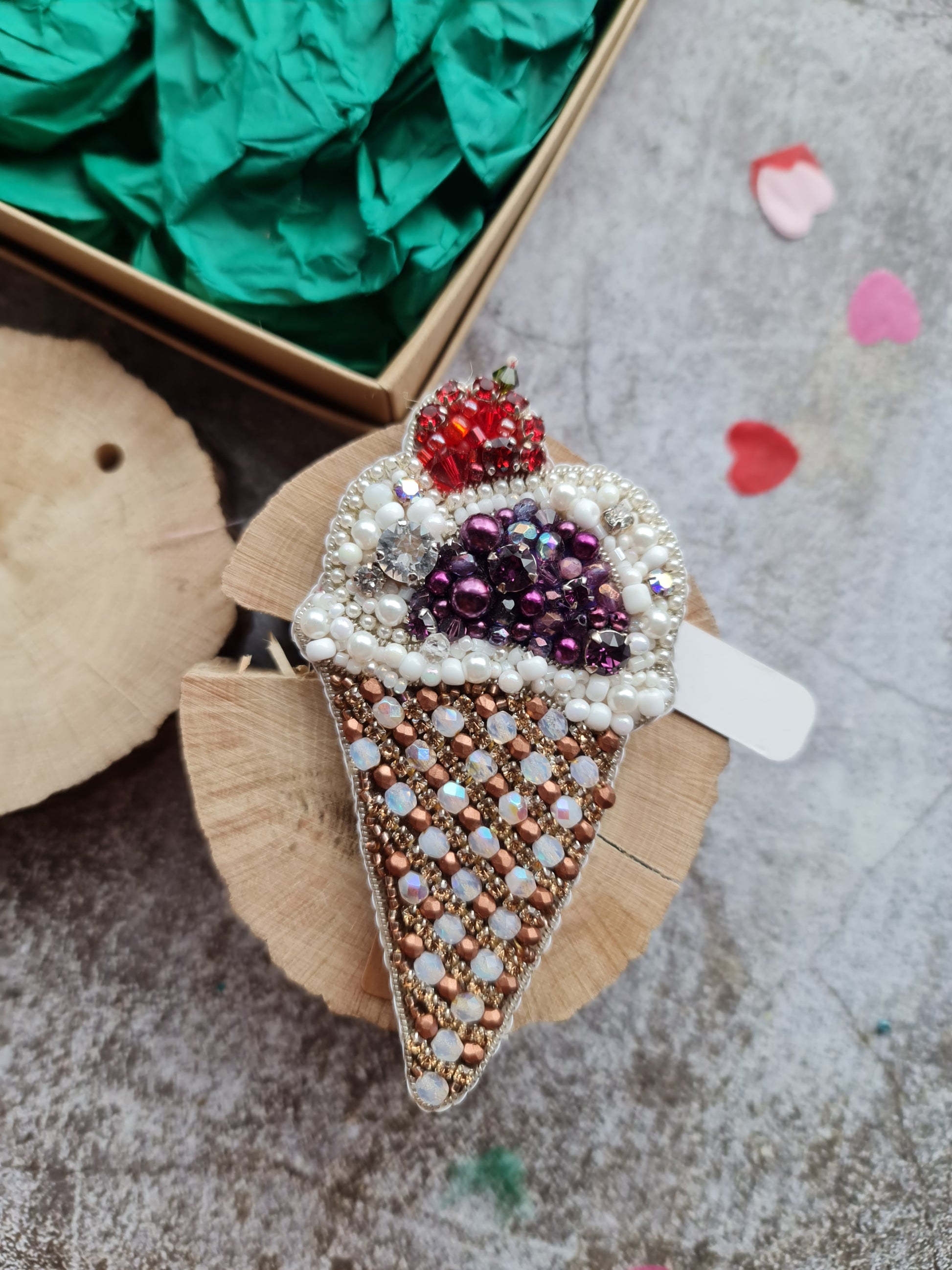 Handmade beaded waffle cone ice cream brooch with sparkling beads, white topping, and green or purple scoop, size 10.5 x 5.5 cm
