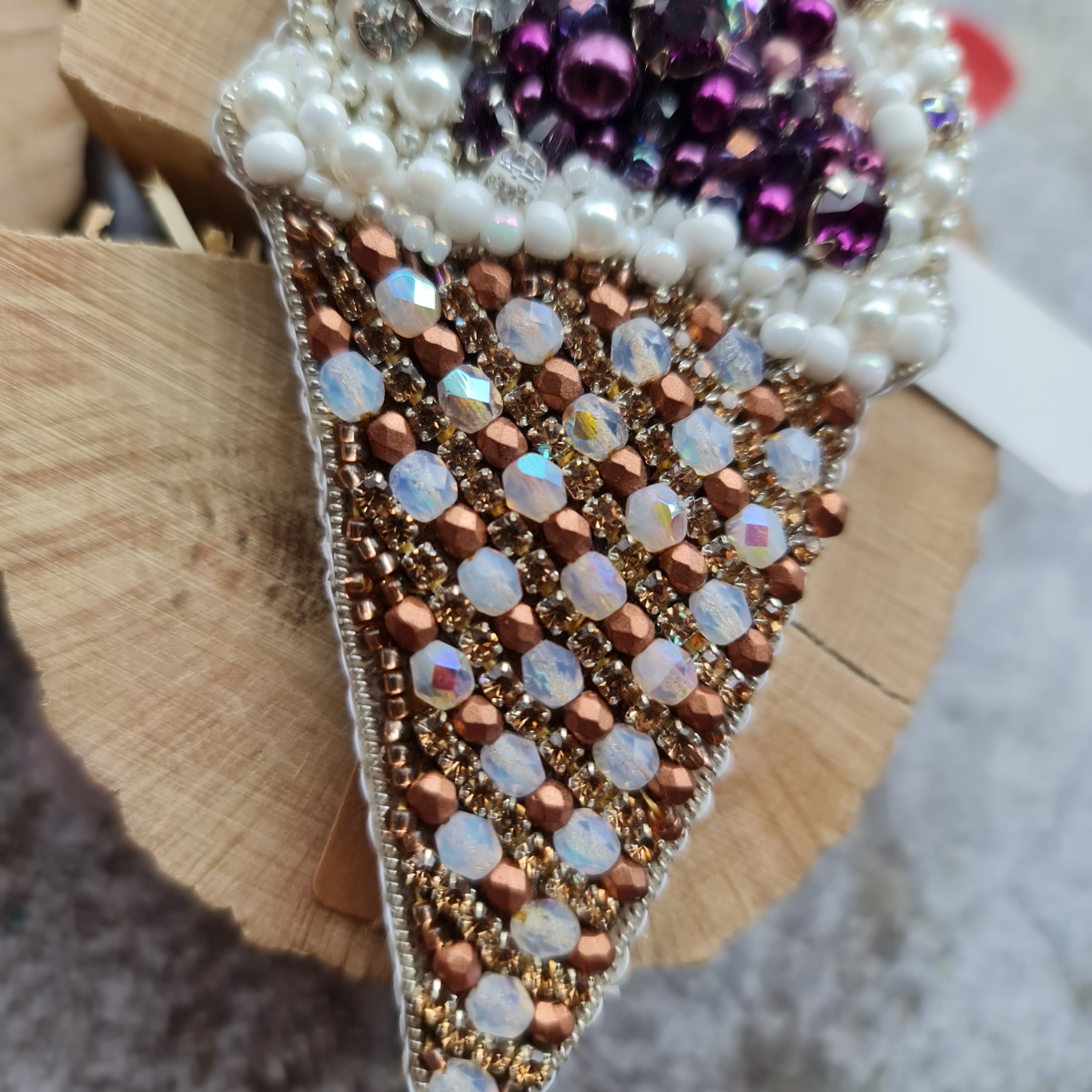 Handmade beaded waffle cone ice cream brooch with sparkling beads, white topping, and green or purple scoop, size 10.5 x 5.5 cm