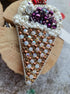 Handmade beaded waffle cone ice cream brooch with sparkling beads, white topping, and green or purple scoop, size 10.5 x 5.5 cm