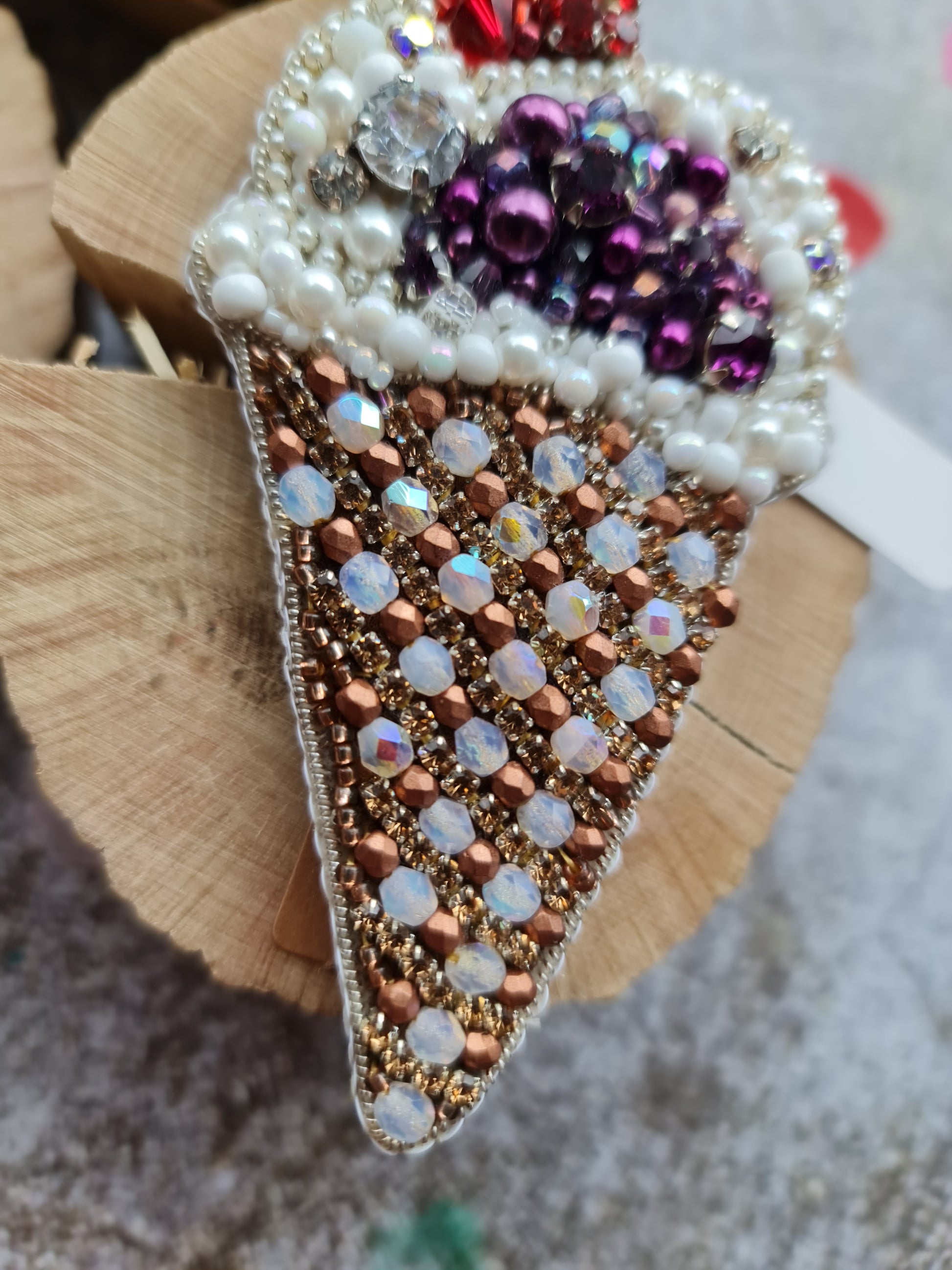 Handmade beaded waffle cone ice cream brooch with sparkling beads, white topping, and green or purple scoop, size 10.5 x 5.5 cm