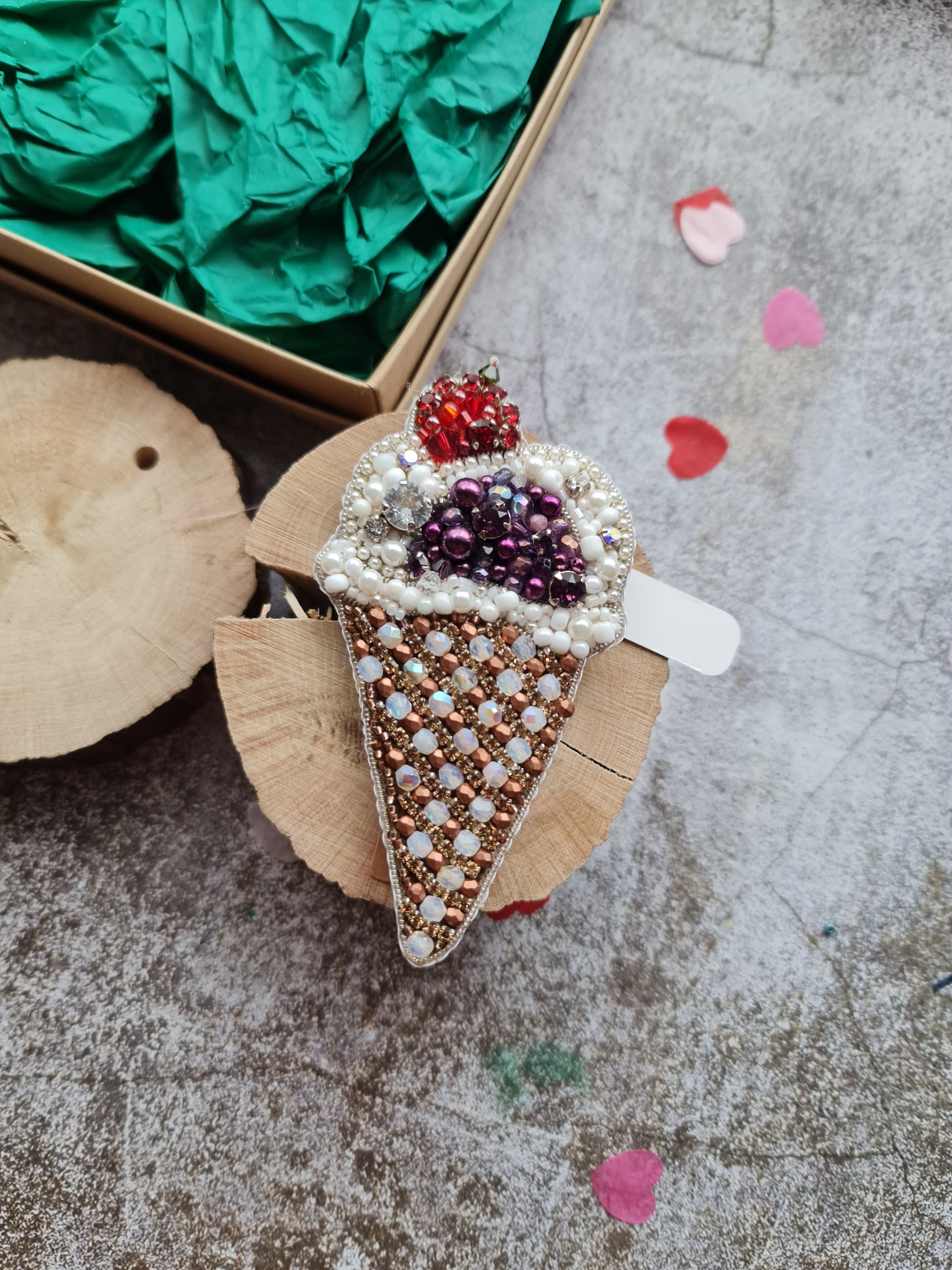 Ice Cream Cone Beaded Brooch